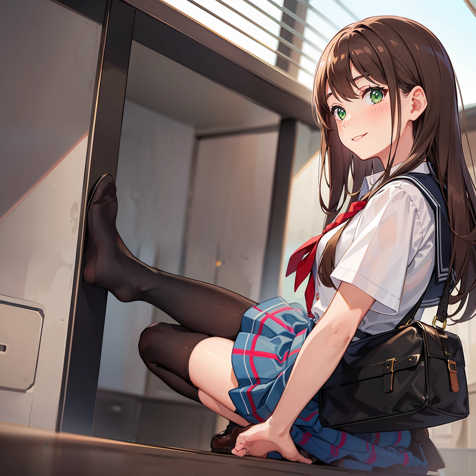 1girl, solo, brown hair, green eyes, school uniform, blush, smile, shoes, maleta en mano, socks, guantes