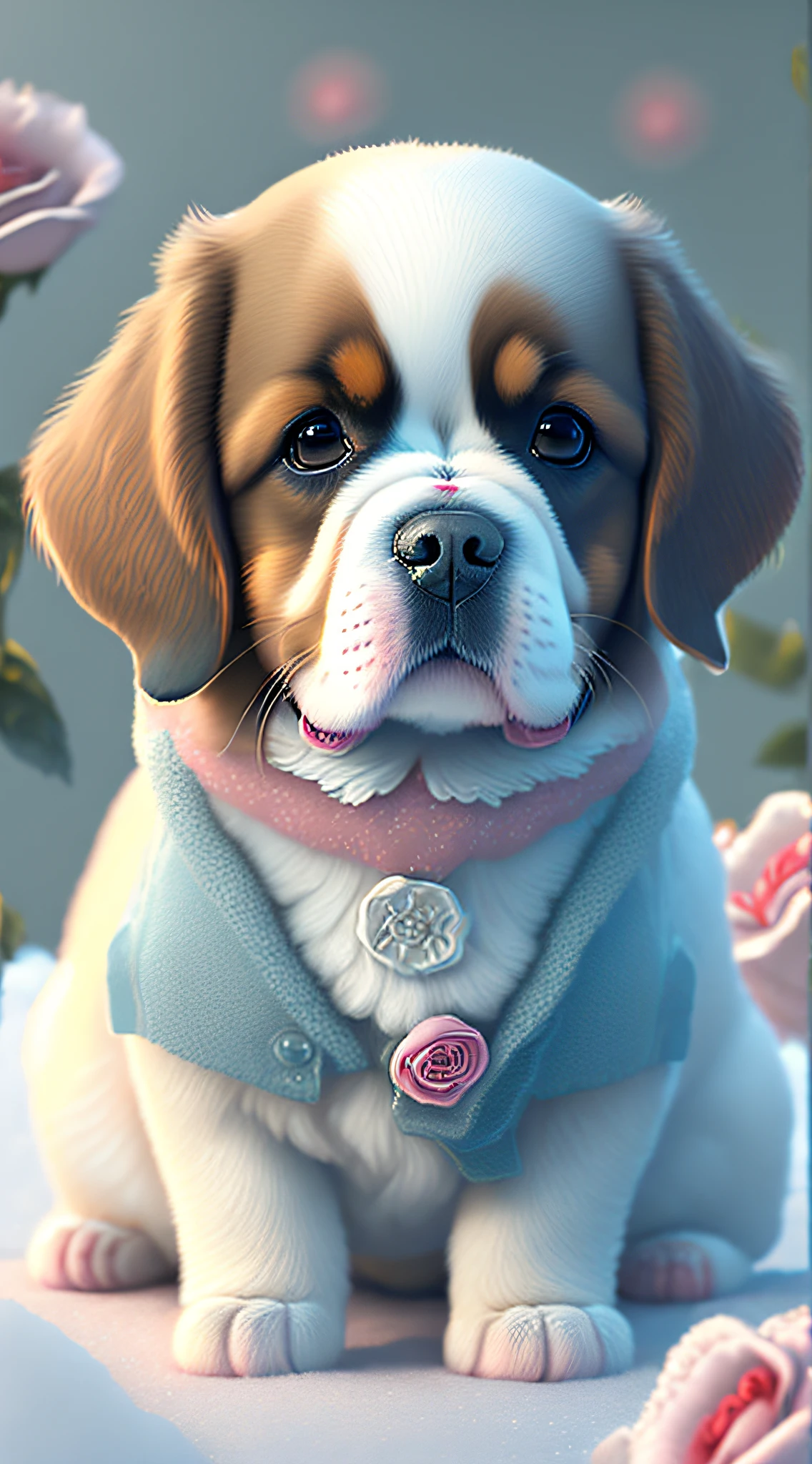 Nesta arte CG ultra-detalhada, Cute dog, of the breed St. Bernard surrounded by ethereal roses, risos, melhor qualidade, alta resolução, detalhes intrincados, fantasia, animais bonitos, esquerda, humorous.