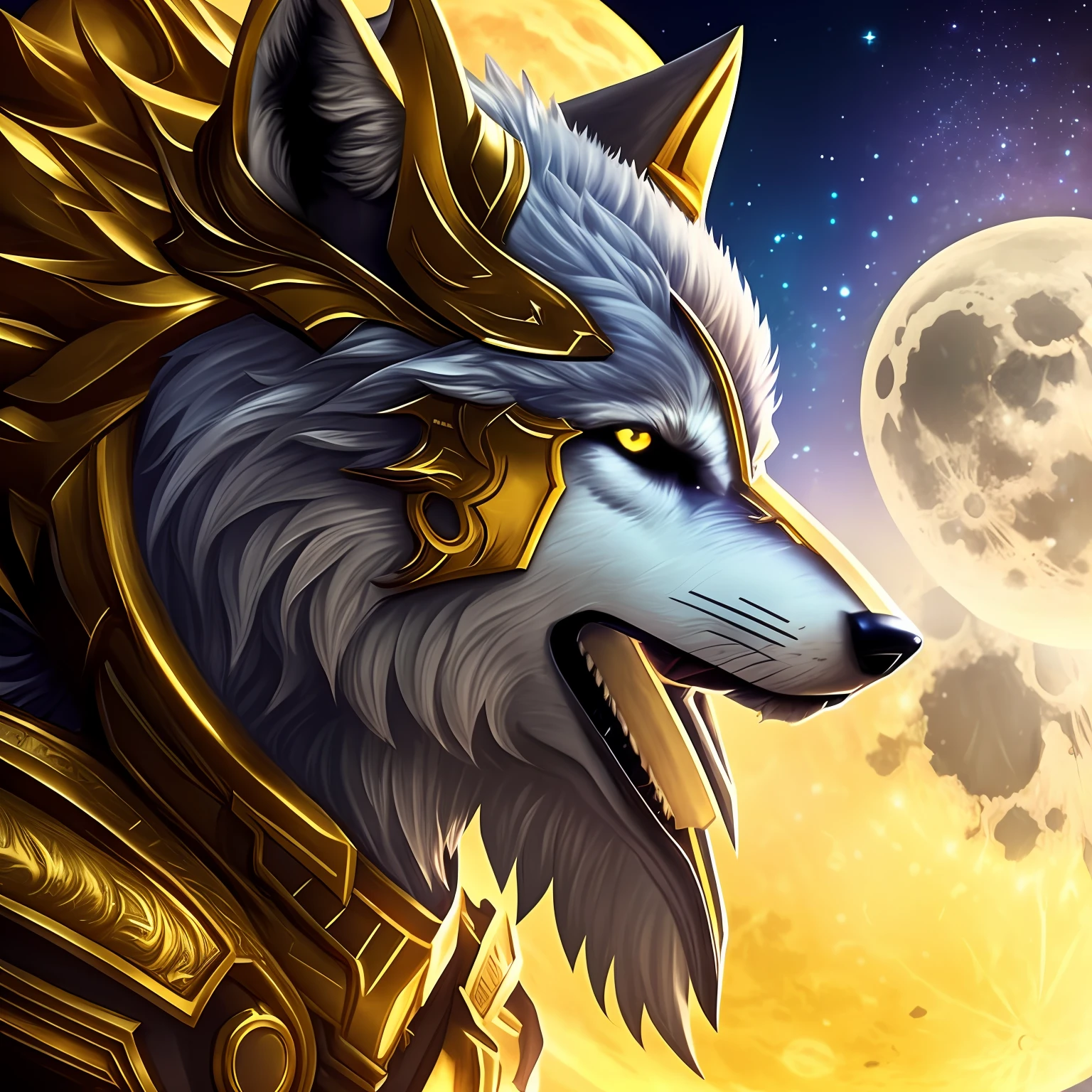 Draw for me a futuristic wolf in ultra-realistic golden armor exuding power on the moon. --auto