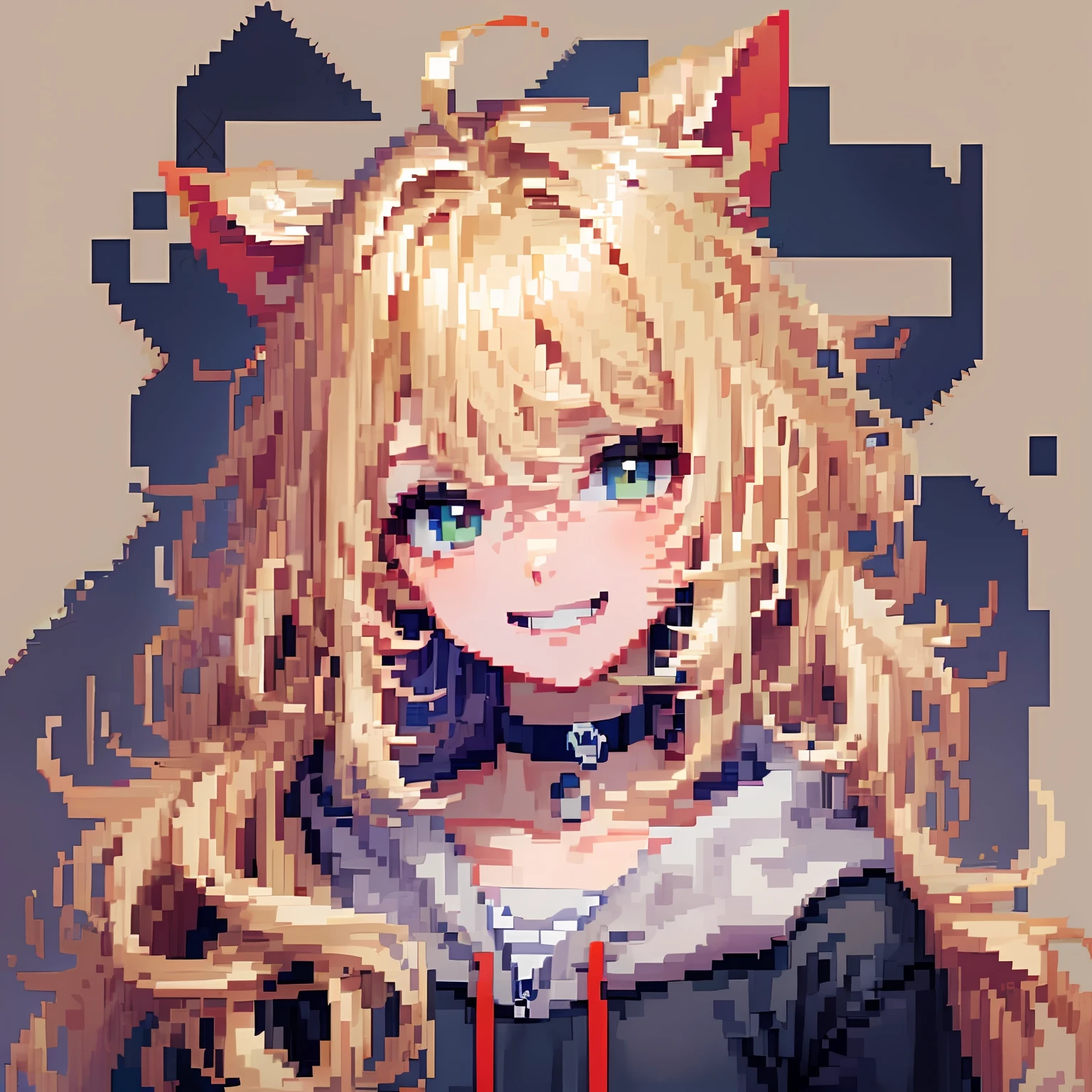 ((in the style of pixel art)), pixel, 4 bits pixel art, 1girl, close-up, face only, beige hair, blonde hair, green eyes, grin, choker, loose hoodie, hoodie print, black hoodie, big hair ahoge, big hair, wavy hair, very long hair, pixel official art, absurd res, looking at viewer, solo focus, dynamic angle, head tilt, simple background, gray background, ultra detailed pixel art