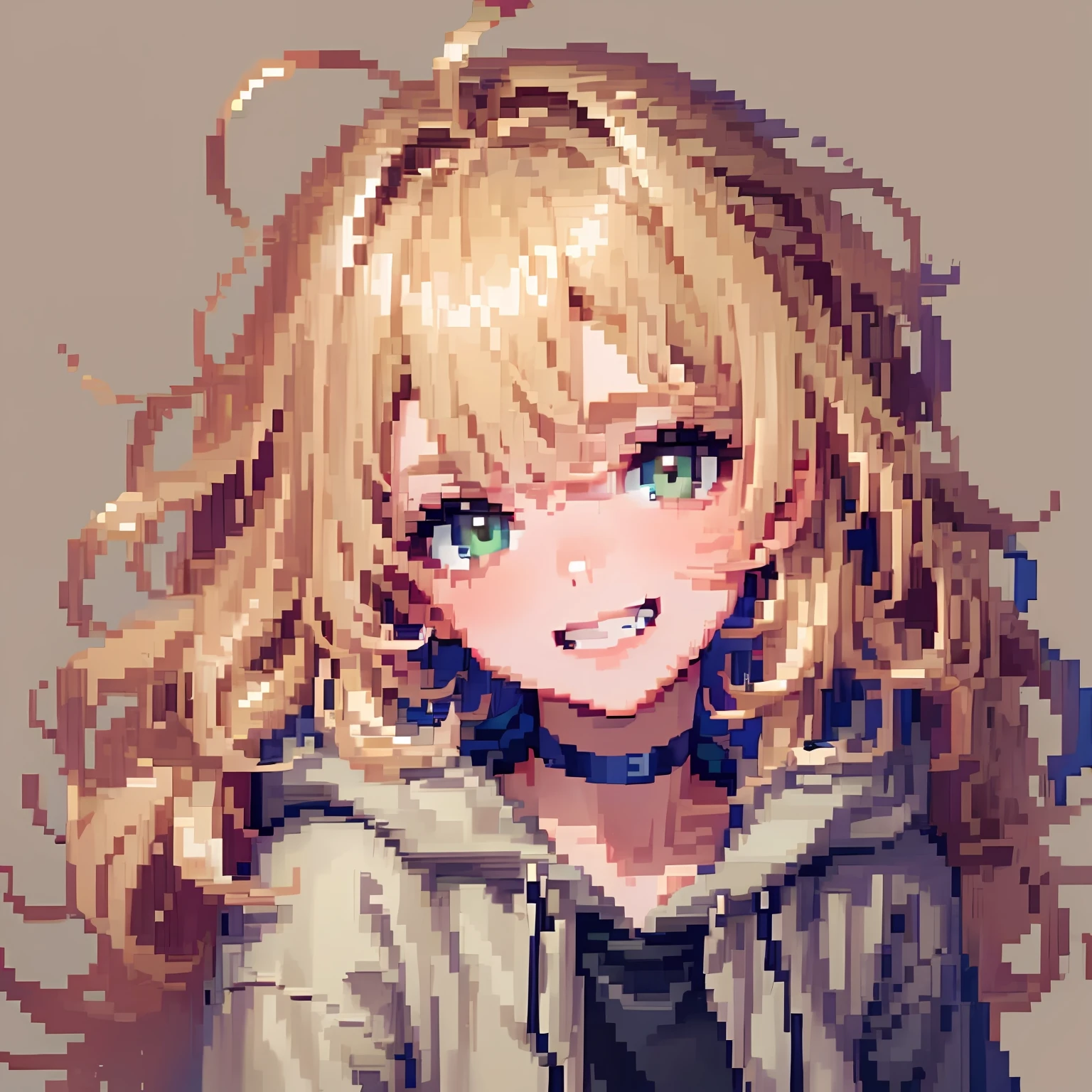 ((in the style of pixel art)), pixel, 4 bits pixel art, 1girl, close-up, face only, beige hair, blonde hair, green eyes, grin, choker, loose hoodie, hoodie print, black hoodie, big hair ahoge, big hair, wavy hair, very long hair, pixel official art, absurd res, looking at viewer, solo focus, dynamic angle, head tilt, simple background, gray background, ultra detailed pixel art