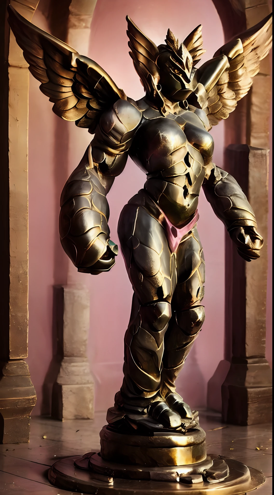 beautiful bronze statue, Harpy, gold statue, Arms are wings, Leathery wings, surrounded by pink pentagram on ground, Standing, standing in Pentagram, gold winged antennae, background cobblestone catacomb floor, Large pink crystal in stomach,