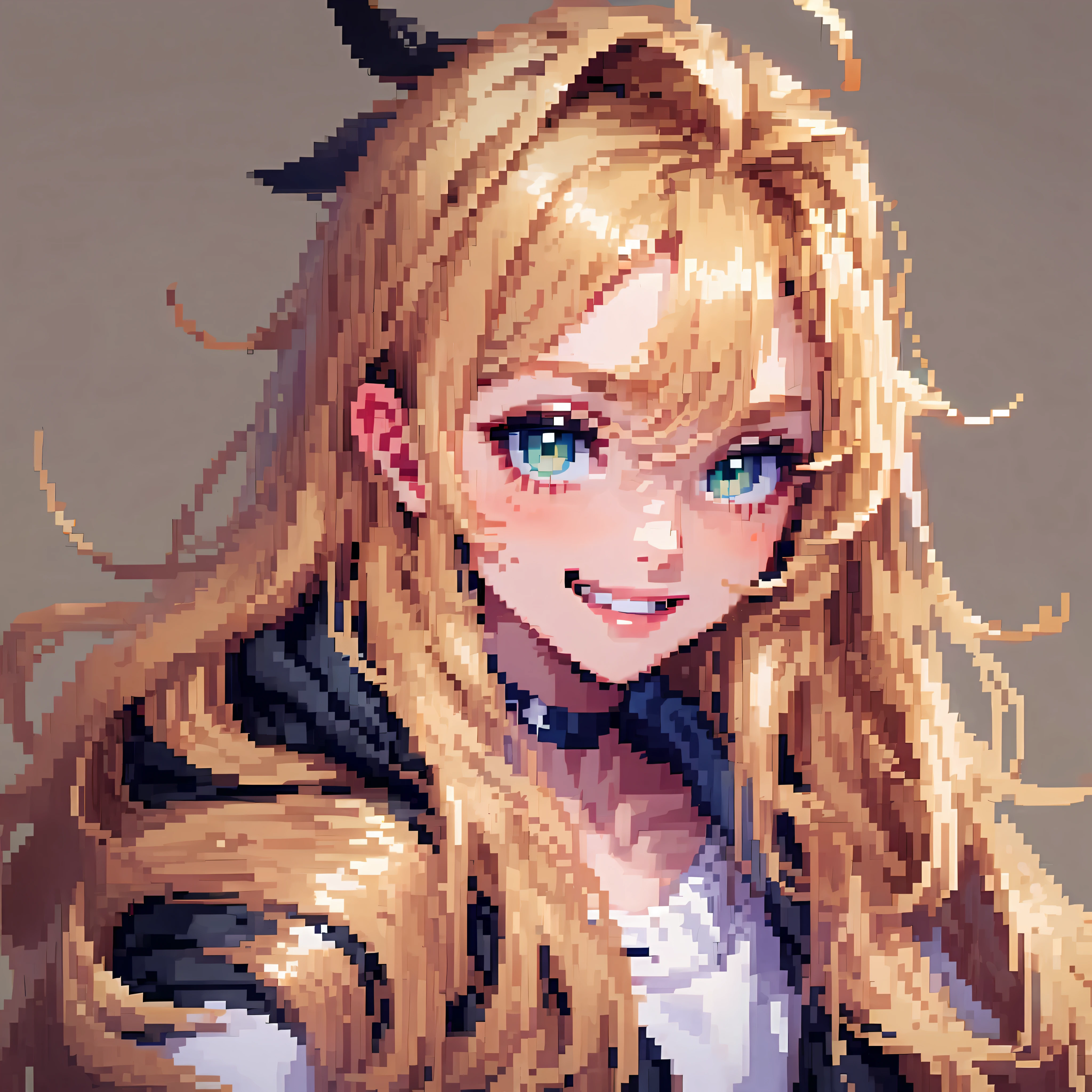 ((in the style of pixel art)), pixel, 4 bits pixel art, 1girl, close-up, face only, beige hair, blonde hair, green eyes, grin, choker, loose hoodie, black hoodie, big hair ahoge, big hair, wavy hair, very long hair, pixel official art, absurd res, looking at viewer, solo focus, simple background, gray background, ultra detailed pixel art