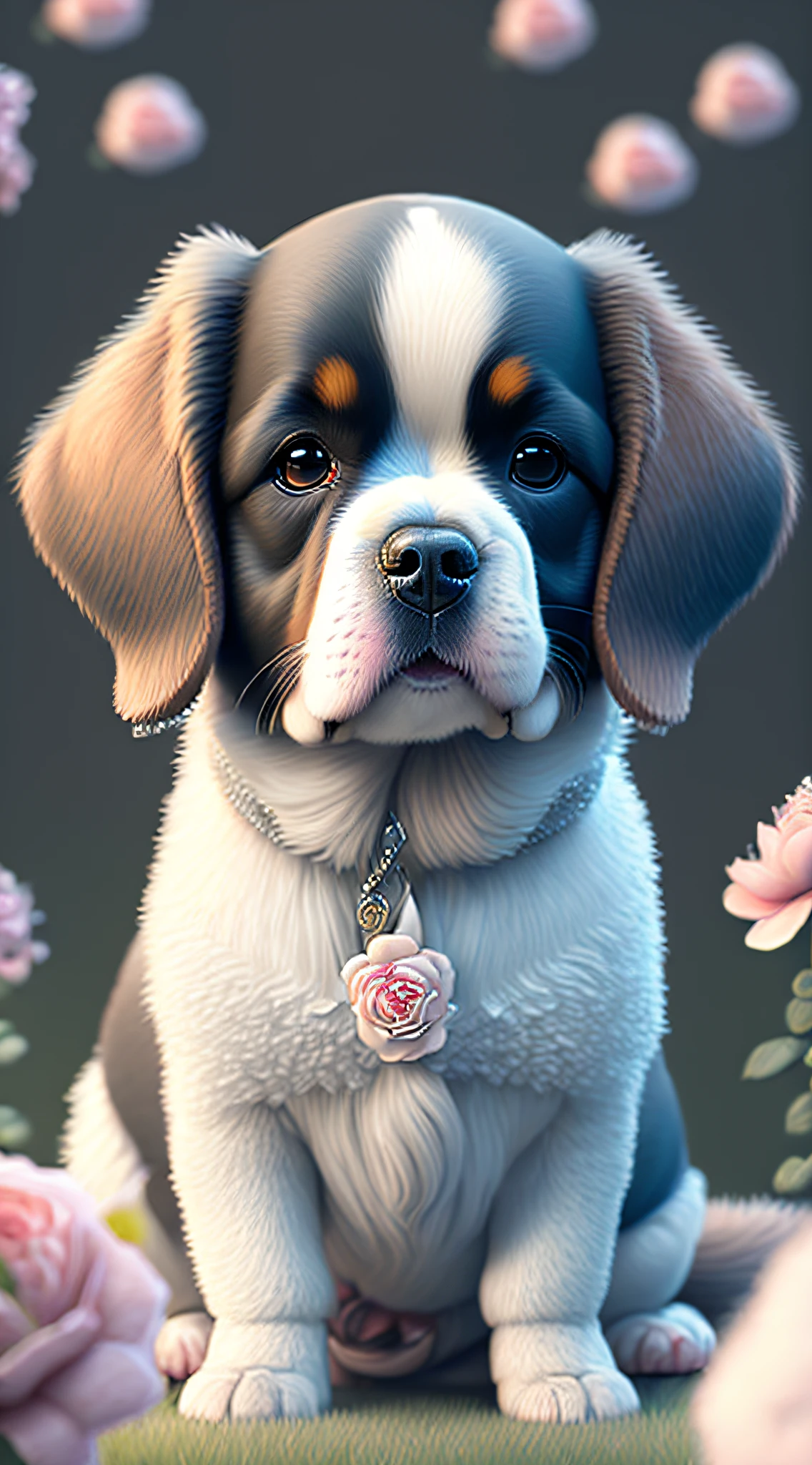 Nesta arte CG ultra-detalhada, Dog cute, of the St breed. Bernard surrounded by ethereal roses, risos, melhor qualidade, alta resolução, detalhes intrincados, fantasia, animais bonitos, Esquerda, humorous.