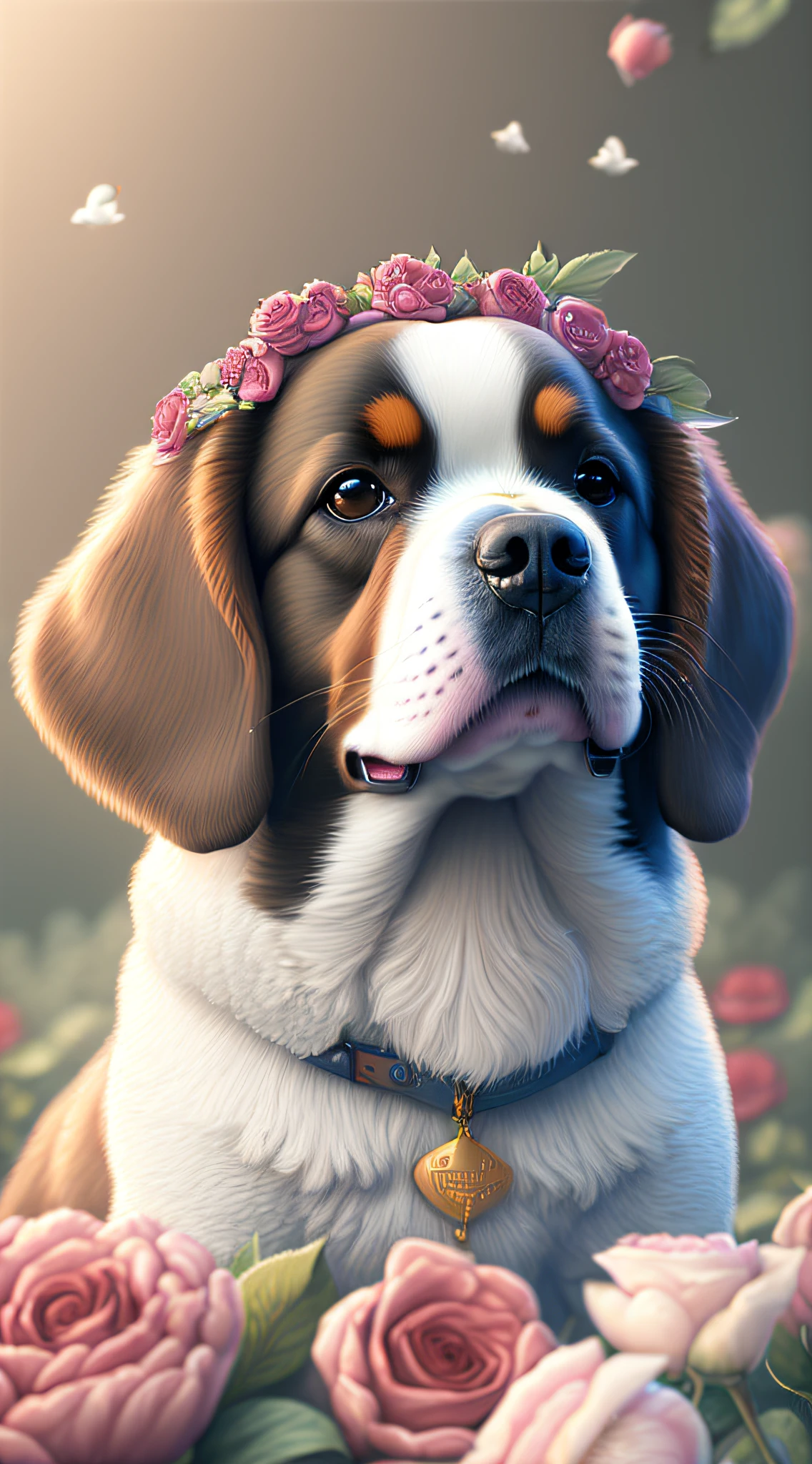 Nesta arte CG ultra-detalhada, Dog cute, of the St breed. Bernard surrounded by ethereal roses, risos, melhor qualidade, alta resolução, detalhes intrincados, fantasia, animais bonitos, Esquerda, humorous.