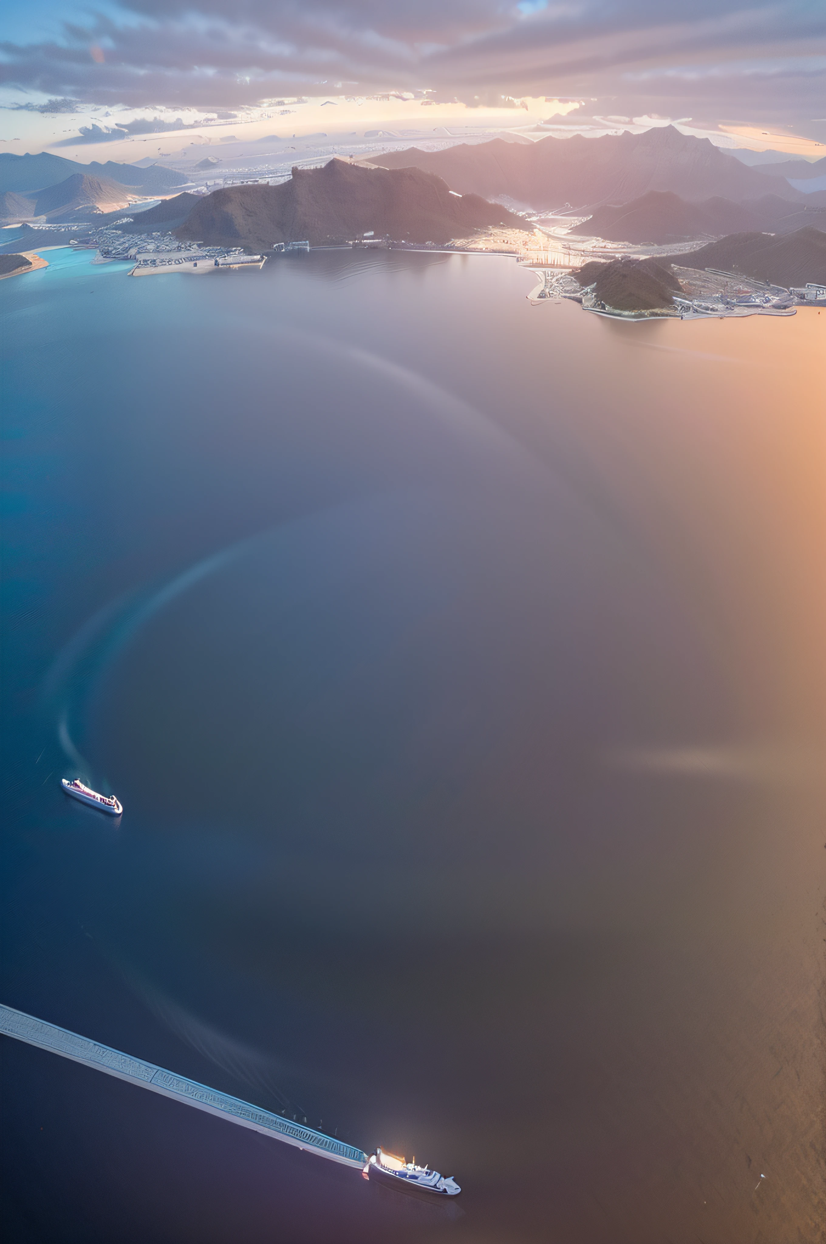 Alafed view of large bodies of water with two ships in, View from the top of the seascape, Perspective shot from the sky, Taken from above, Seen from above, Boat on the lake, by Alexis Grimmow, View from the air, by Richard Carline, Photo in the middle of the sea, above view, Alexander Bogen, top down shot