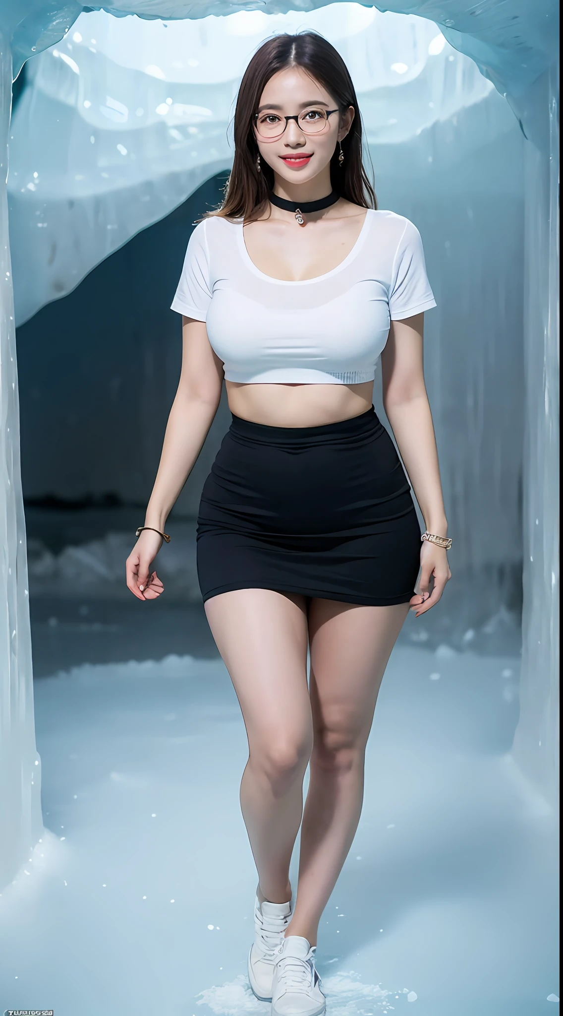 ((midnight, Need, 8K, tmasterpiece:1.3)), A whole body, Long legs, Focalors:1.2, Plump body,perfect figure beautiful woman:1.4,((Dark brown hair, huge tit:1.2 )), (Low-cut white T-shirt, Deep V white T-shirt,Skinny white T-shirt,blackstockings,short skirt,White sneakers), ((ice cave)), crowd of,Highly detailed facial and skin texture, A detailed eye, 二重まぶた,wears glasses,crisp breasts,Smile with,Bigger breasts, Wavy hair,crisp breasts,Get wet,Sweat profusely,Red lips,Wear earrings,wearing a choker,Wear a bracelet,orgy,Rejoice,Hot dance,Perfect chest shape,drink,vibrancy,Heaty,wildness,huge tit,Bigchest,beautifullegs,Full body like,Whole body,Chest