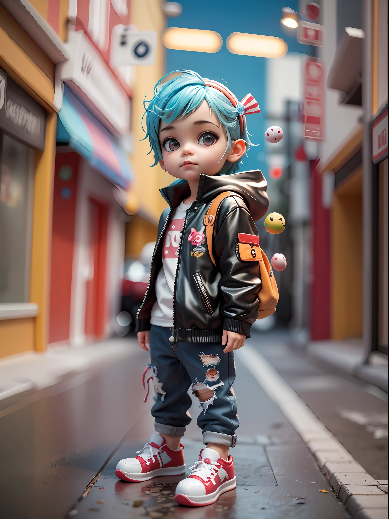 3d toy, 3d rendering, ip, cyberpunk style, chibi, cute **********, mask, simple background, best quality, c4d, blender, 3D MODEL, TOYS, VIVID COLORS, STREET STYLE, HIGH RESOLUTION, A LOT OF DETAILS, PIXAR, CANDY COLORS, BIG SHOES, FASHION TRENDS, ART