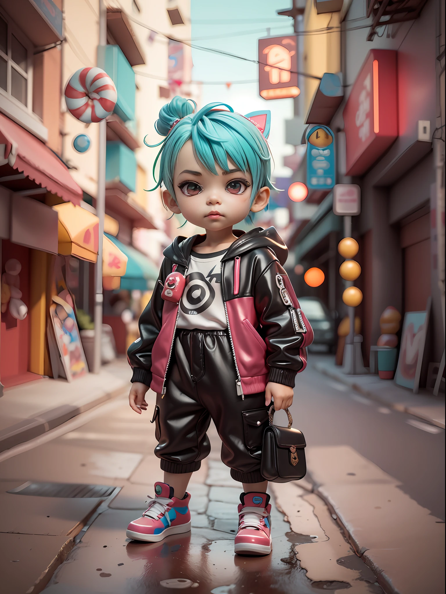 3d toy, 3d rendering, ip, cyberpunk style, chibi, cute boy, mask, simple background, best quality, c4d, blender, 3D MODEL, TOYS, VIVID COLORS, STREET STYLE, HIGH RESOLUTION, A LOT OF DETAILS, PIXAR, CANDY COLORS, BIG SHOES, FASHION TRENDS, ART