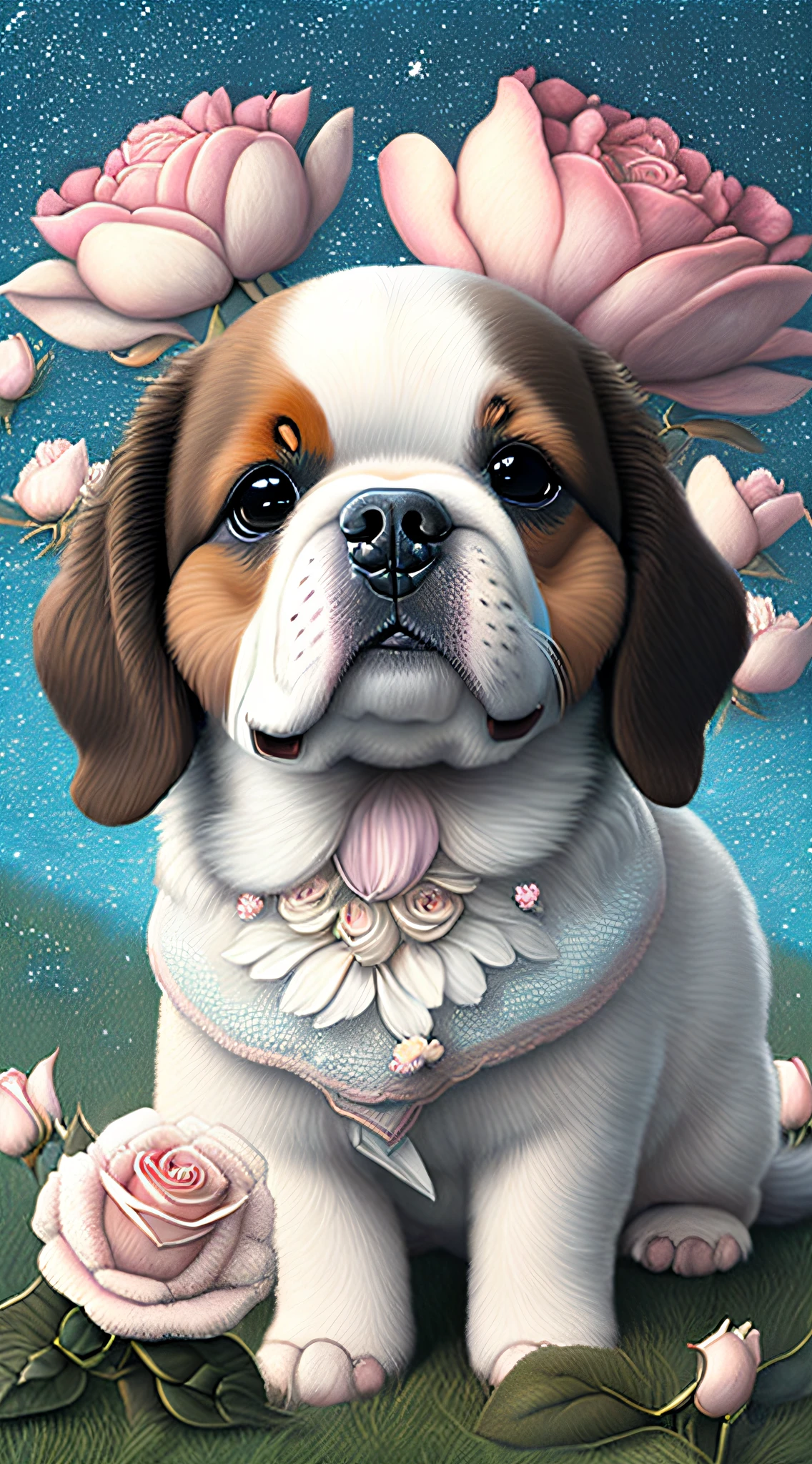 Nesta arte CG ultra-detalhada, Dog cute, of the St breed. Bernard surrounded by ethereal roses, risos, melhor qualidade, alta resolução, detalhes intrincados, fantasia, animais bonitos, Esquerda, humorous.