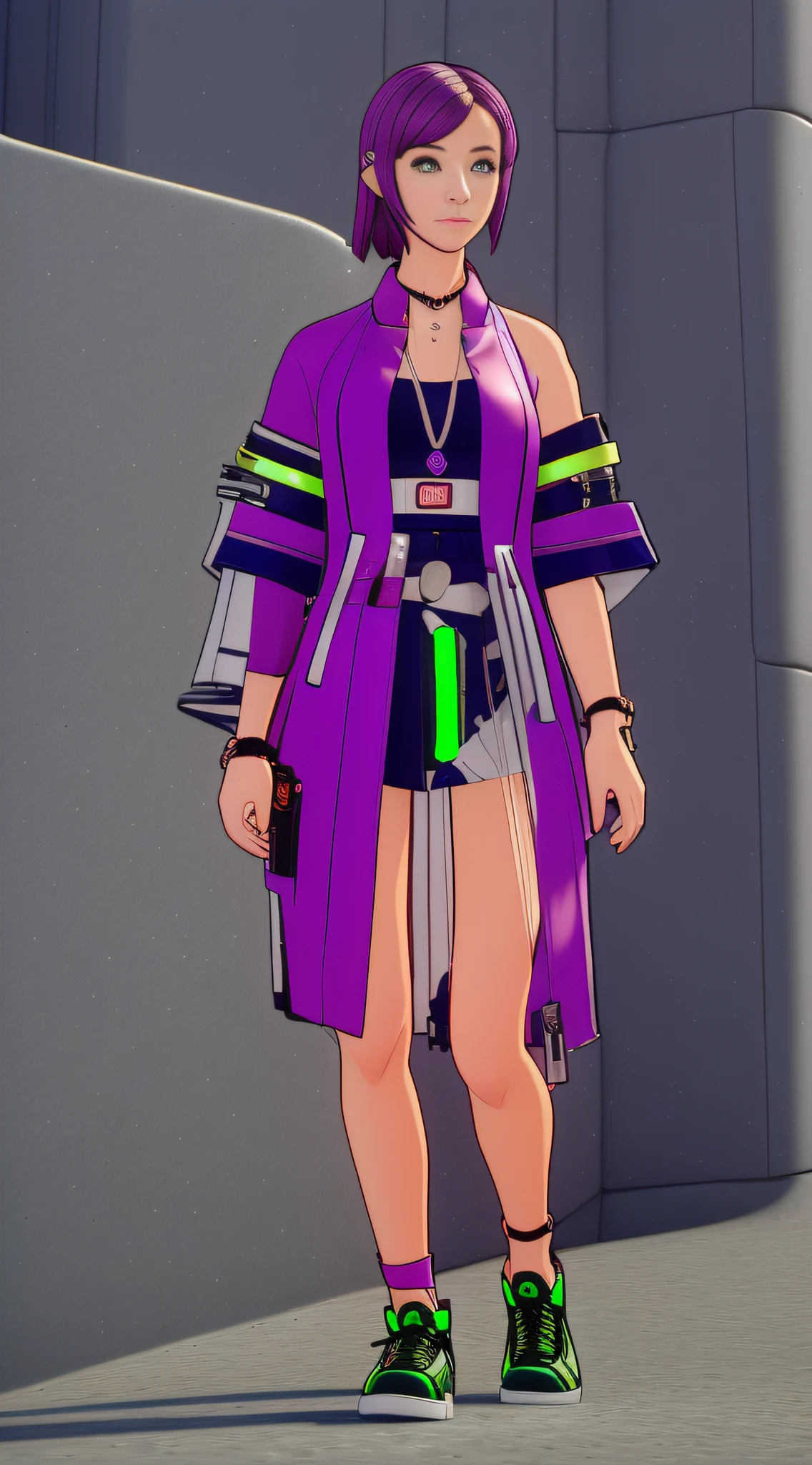Cyberpunk Girl wearing a phosphorescent yellow green clothes and sneakers