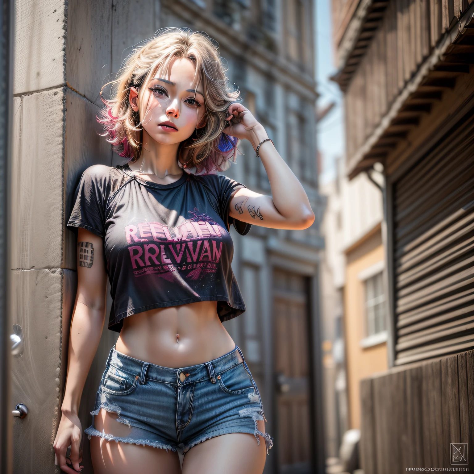 (master part, high-resolution, fotorrealista: 1.4), (cativante mulher sexy com uma aura confiante: 1.3), (perfeitamente proporcionado, figura voluptuosa: 1.3), (pernas bem definidas: 1.2), (reluzente, olhos azuis brilhantes: 1.2), ((cabelos loiros extremamente sedosos soprando ao vento: 1.2)), (Shorts jeans surrados e uma camiseta branca bastante rasgada), (colorful tattoo on the arm: 1. 1), (standing gracefully and radiating fascination:1.2), (capturando cada detalhe requintado:1.2), (celebrando a beleza da individualidade:1.2), (apresentando uma personalidade cativante:1.2), (A true masterpiece with the essence of the enigma:1.1), (mostrando a bunda do espectador), ((Professional Color Grading, sombras suaves, sem contraste, clean sharp focus, cinematic movie photograph)).