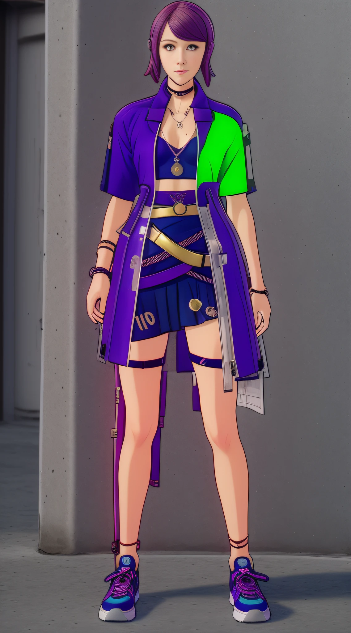 Cyberpunk Girl wearing a phosphorescent yellow green clothes and sneakers