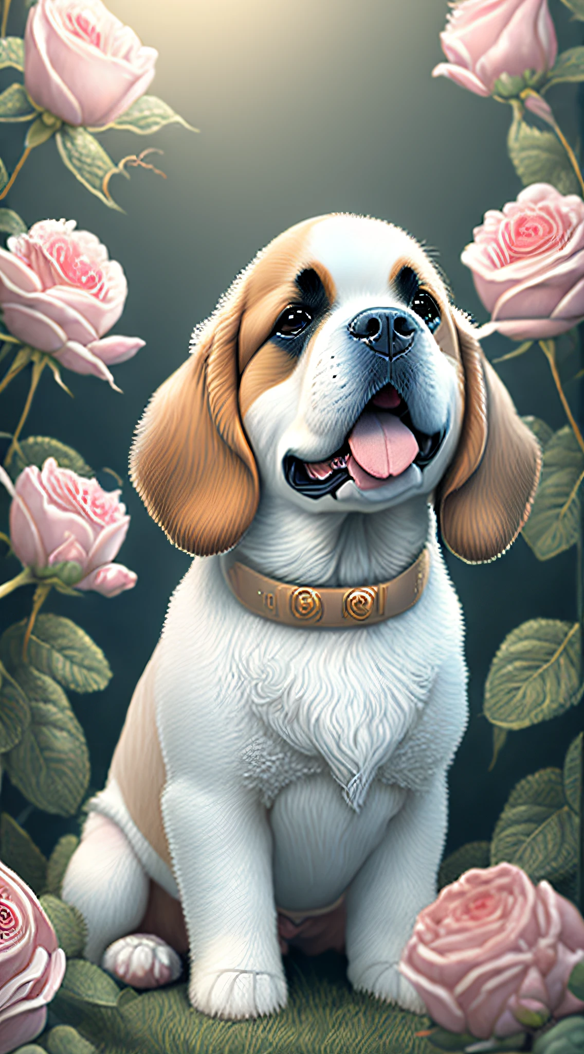 Nesta arte CG ultra-detalhada, Dog cute, of the St breed. Bernard surrounded by ethereal roses, risos, melhor qualidade, alta resolução, detalhes intrincados, fantasia, animais bonitos, Esquerda, humorous.