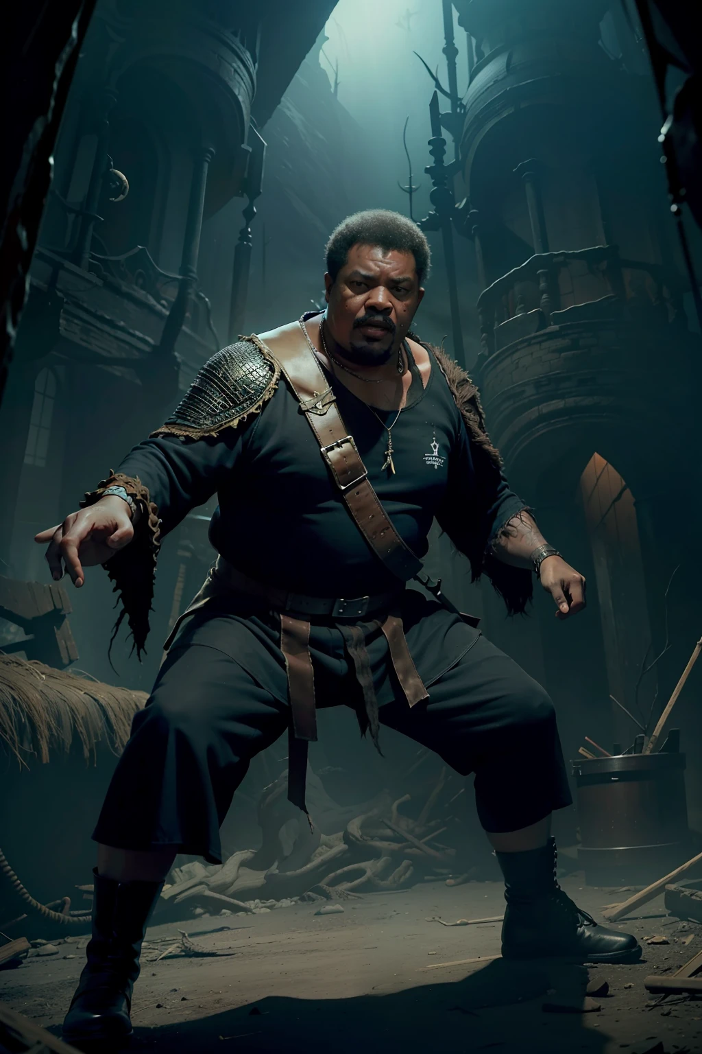wide angle lens, full body pose, Tim Maia, lord of rings design, terror, horror, looks at the camera with a haunghty look, challenging and aggresive position, sweat on the face, 8k, details high resolution, full hd, artstation, grunge light, s 10000 --v 4