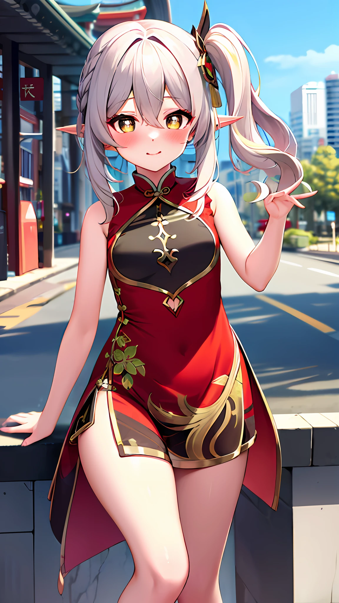 masterpiece, high res, best quality, 1girl, solo, nahida_genshin, , cross-shaped pupils, red chinese dress, red qipao, stocking, standing, outdoor, cityroad, on the road, cowboy shot, sexy pose, blush,