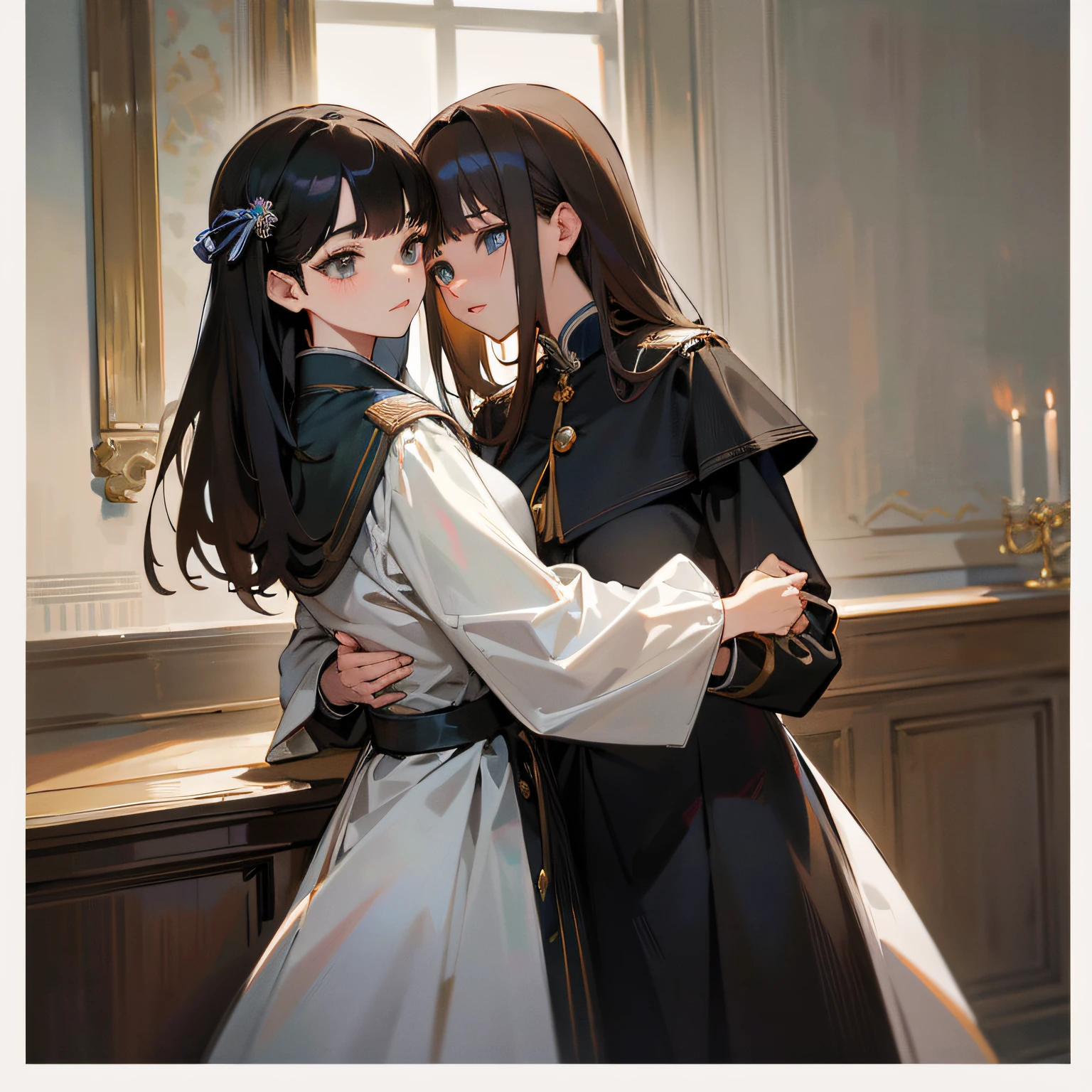 hight resolution,ultra-detailliert,Official art,Beauty and aesthetics,​masterpiece,best qualtiy,ighly detailed,Variegated,Most details、Shining eyes、Detailed eyes、face perfect、enigmatic、A dark-haired、National Uniform、Dance by two women、stare at each other、(​masterpiece、top-quality、Detailed shiny skin:1.2)、flawless、in 8K、Unripe、 hight resolution