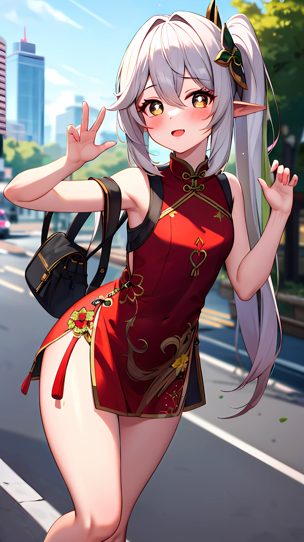 masterpiece, high res, best quality, 1girl, solo, nahida_genshin, loli, cross-shaped pupils, red chinese dress, red qipao, stocking, standing, outdoor, cityroad, on the road, cowboy shot, sexy pose, blush,