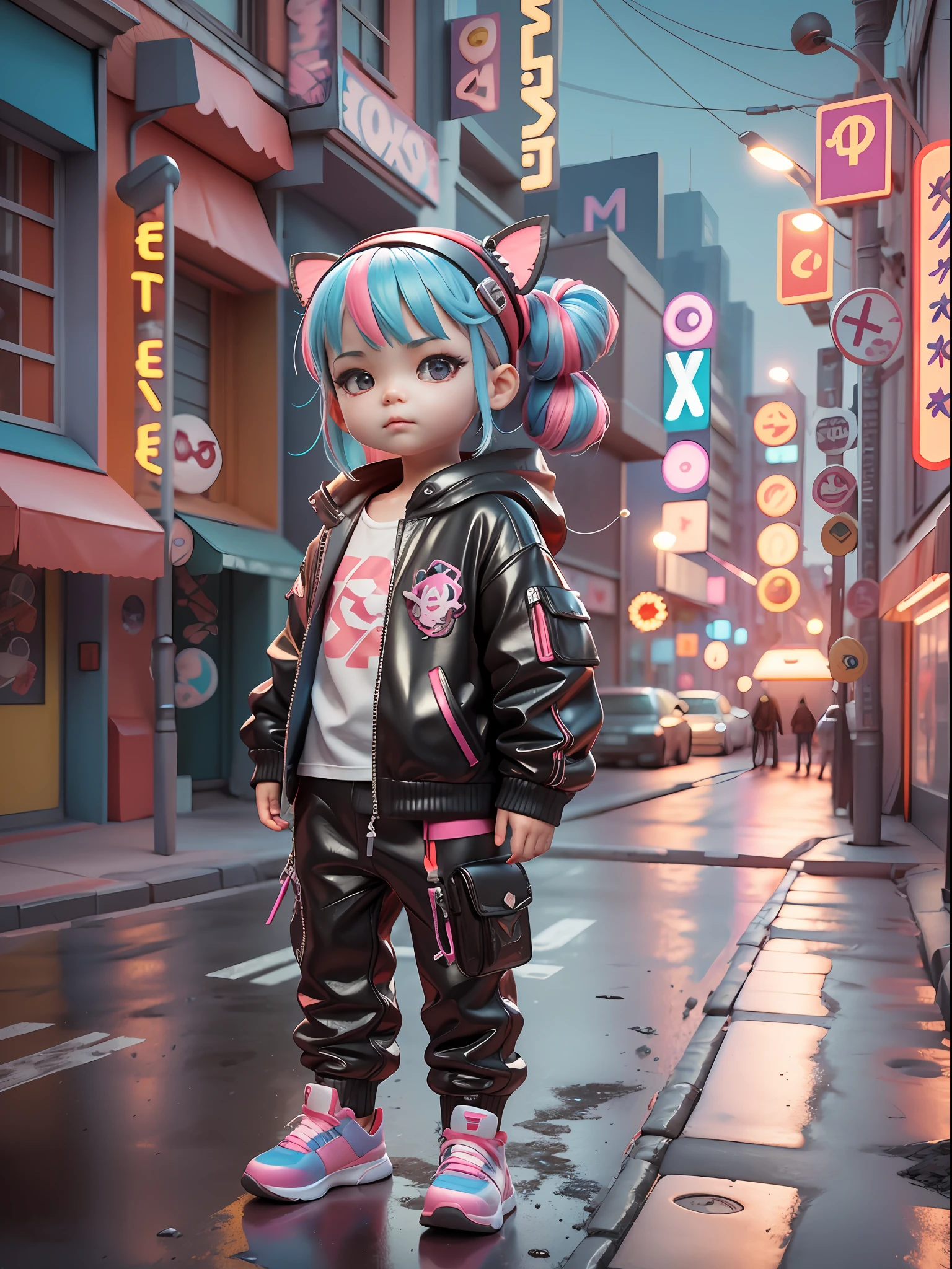 3d toy, 3d rendering, ip, cyberpunk style, chibi, cute **********, mask, simple background, best quality, c4d, blender, 3D MODEL, TOYS, VIVID COLORS, STREET STYLE, HIGH RESOLUTION, A LOT OF DETAILS, PIXAR, CANDY COLORS, BIG SHOES, FASHION TRENDS, ART