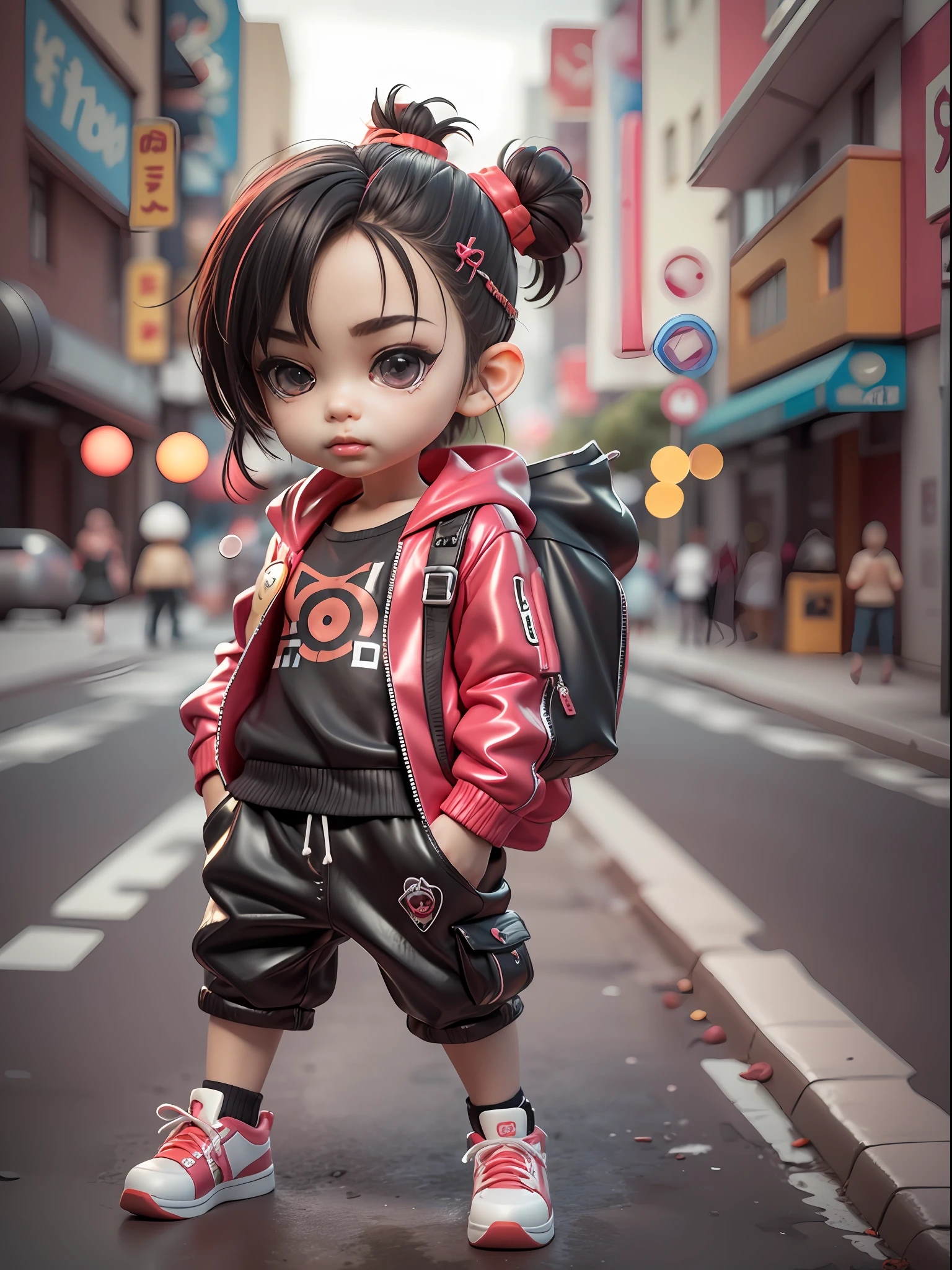 3d toy, 3d rendering, ip, cyberpunk style, chibi, cute little boy, mask, simple background, best quality, c4d, blender, 3D MODEL, TOYS, VIVID COLORS, STREET STYLE, HIGH RESOLUTION, A LOT OF DETAILS, PIXAR, CANDY COLORS, BIG SHOES, FASHION TRENDS, ART