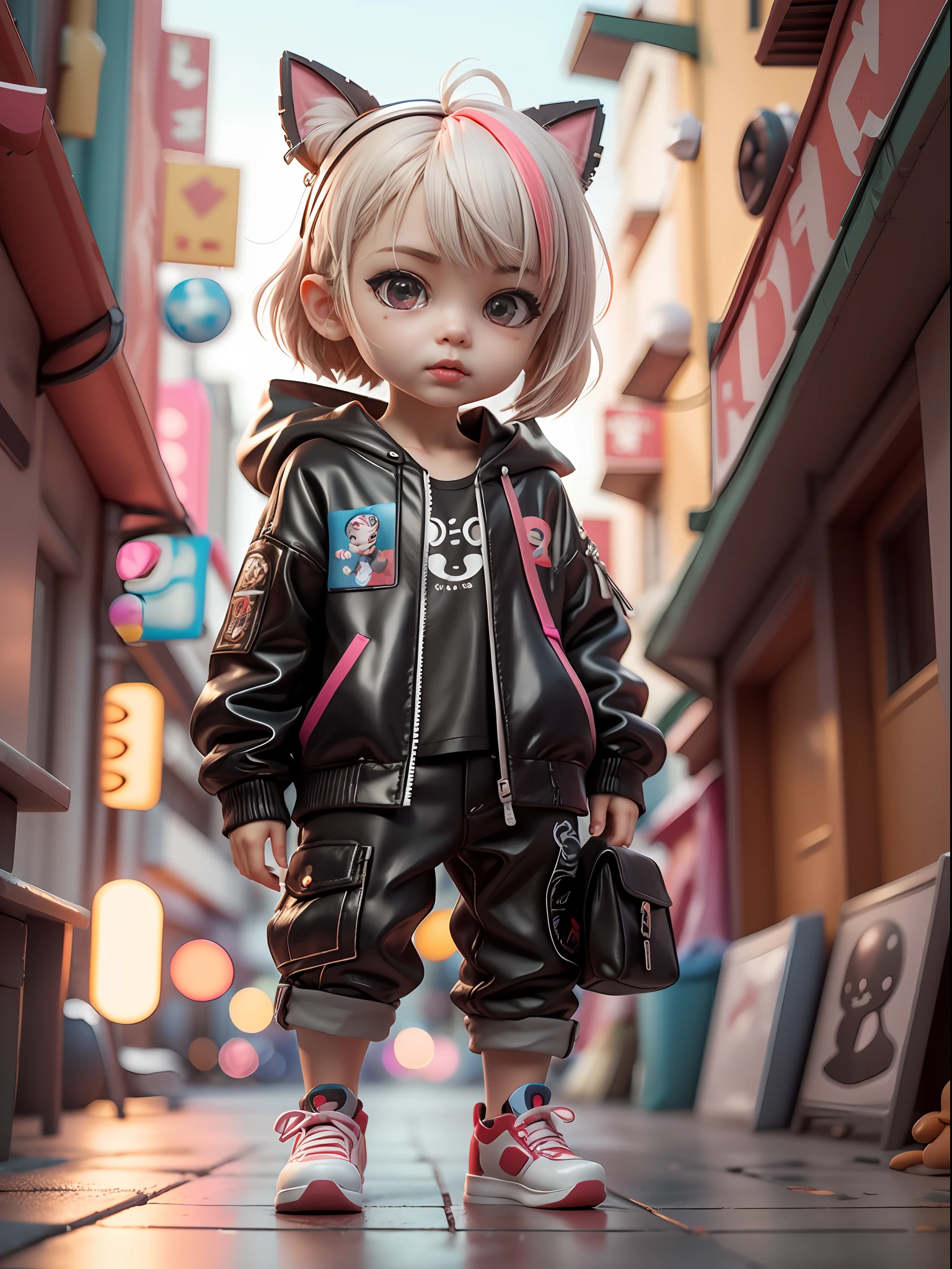 3d toy, 3d rendering, ip, cyberpunk style, chibi, cute little boy, mask, simple background, best quality, c4d, blender, 3D MODEL, TOYS, VIVID COLORS, STREET STYLE, HIGH RESOLUTION, A LOT OF DETAILS, PIXAR, CANDY COLORS, BIG SHOES, FASHION TRENDS, ART