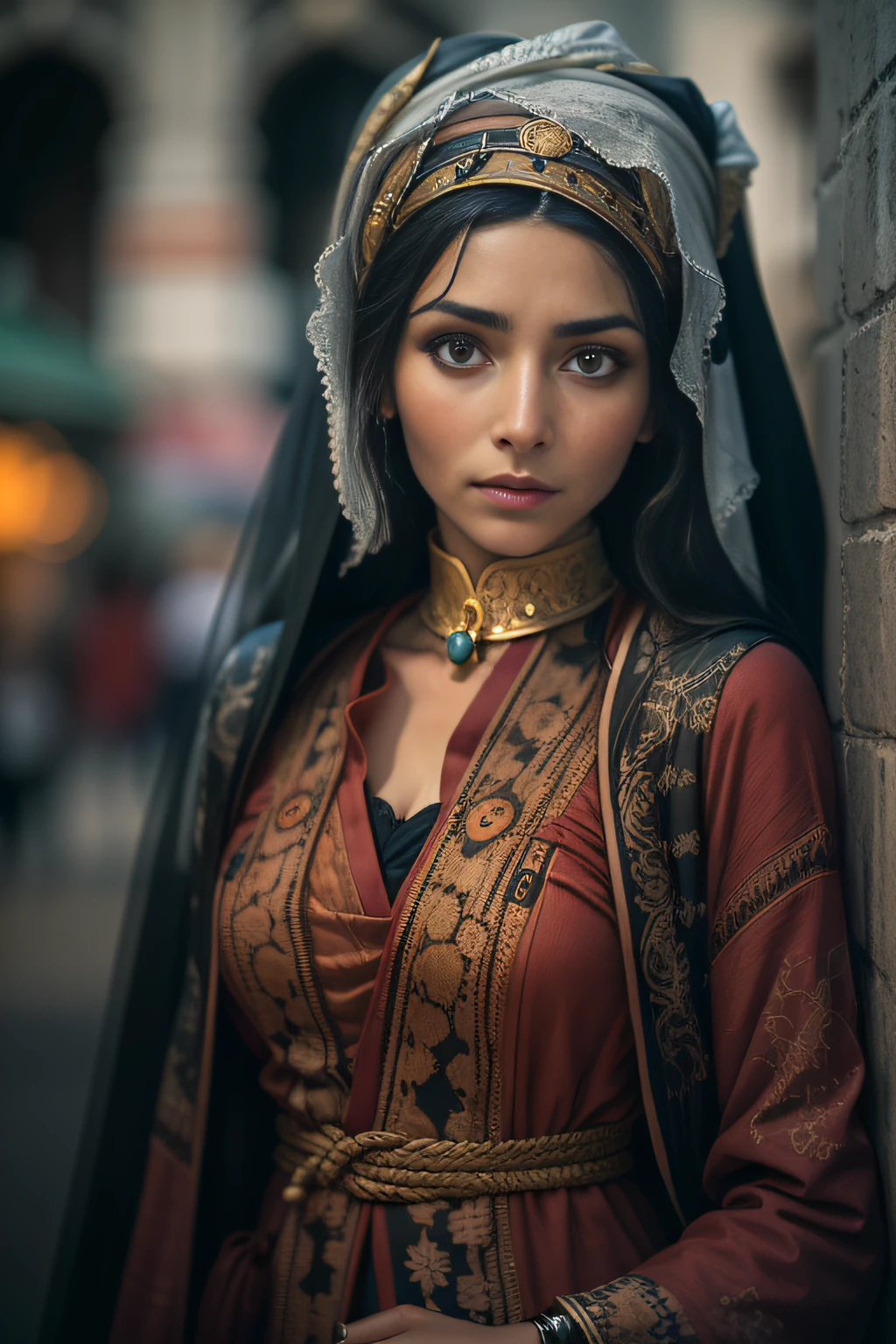A beautiful woman,orientalisch wirkende frau,orientalisch gekleidet,Beautiful woman in the foreground,stadt weit im hintergrund,Beautiful woman looks at the camera,vor schwarzem hintergrund,blur