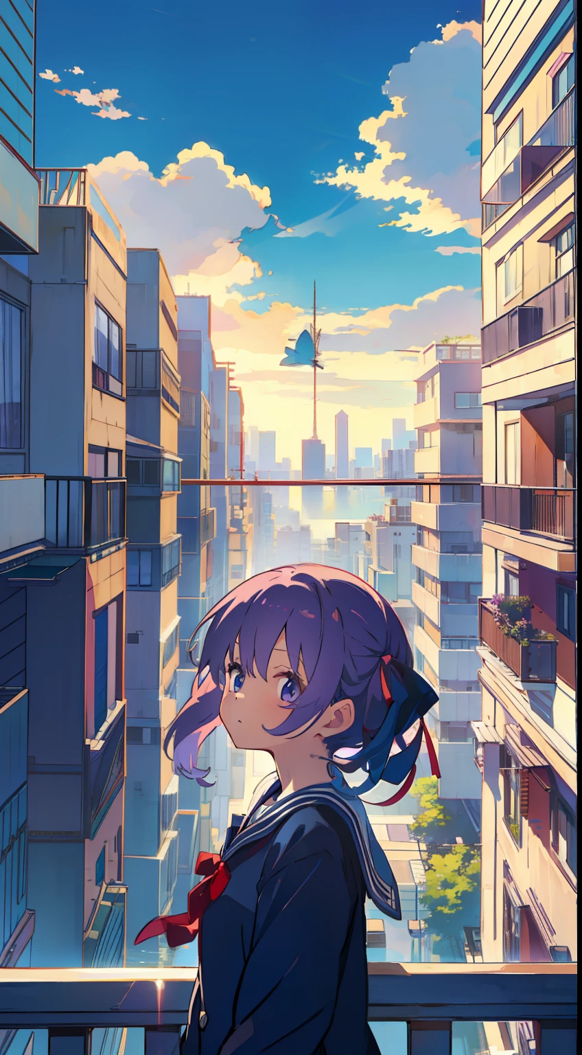 One girl、Purple hair、(((Top)))、light blue eyes、masterpiece、Top image quality、top-quality、cute little、Long、highrise buildings、On top of the building、looking-down、a sailor suit、bow ribbon、Straight face、Fluttering hair、((natta))、