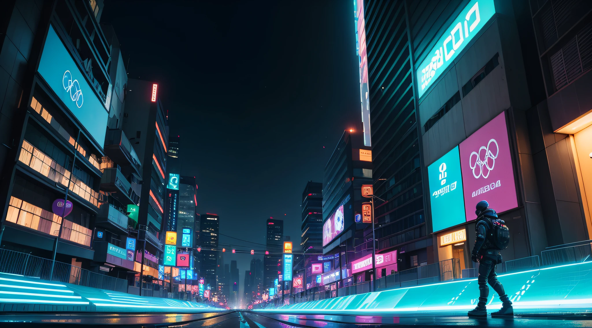 City of the Future at the Olympics, cyberpunk, cidade cyner punk, rua iluminada a noite, noite, reflexos das luzes, cidade vazia, ruas vazias, ruas com reflexos de chuva, olympics, --auto