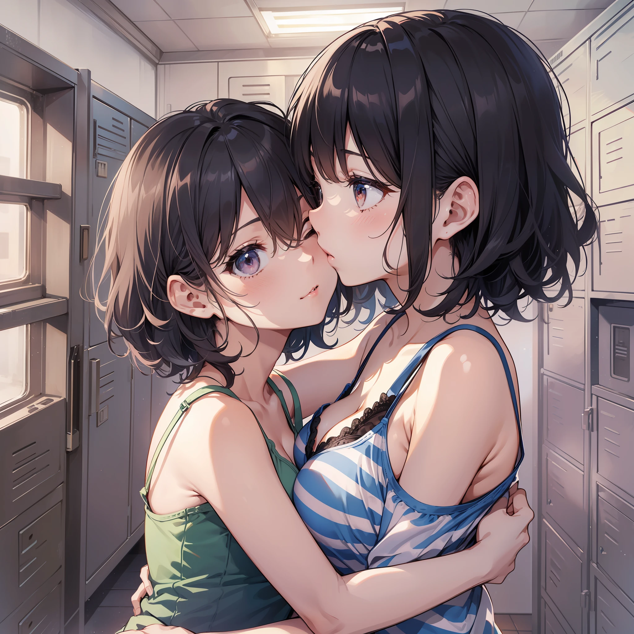 (Highest quality illustrations:1.2), (kawaii girl:1.1), (1girl in, 独奏:1), (2girls、8ars old、Lori、Gamine、A tiny、kawaii、cute little、tiny chest、ultradetailed eyes:1.2)、(Yuri、the kiss、hug from behind、Grabbing the、Eyes half closed、eyecontact:1.3)、(perspiring、Hugged、red blush:1.1)、 BREAK White Bra、Pink Bra、Blue Bra、Green Bra、Greybra、Light grey bra、 striped bra、Polka dot bra、Plaid bra、Cute Bra、Kids Bra、Sportsbra、camisole、cotton panties、school skirt、Blake black hair、Blue-haired、Brown hair、extra very short hair、shorth hair、middle hair、length hair、hair wavy、curlyhair、Light pink and braided hair、hime-cut、bob cuts、Twin-tailed、low twintails、poneyTail、Low ponytail in light blue、break(Locker Room:1.2)、(evening、evening、Orange Sunlight:1.2)、 BREAK(top-quality、ultra-detailliert、highly detailed and beautiful、超A high resolution、Detailed arm:1.2)、nsfw　Beautiful pool