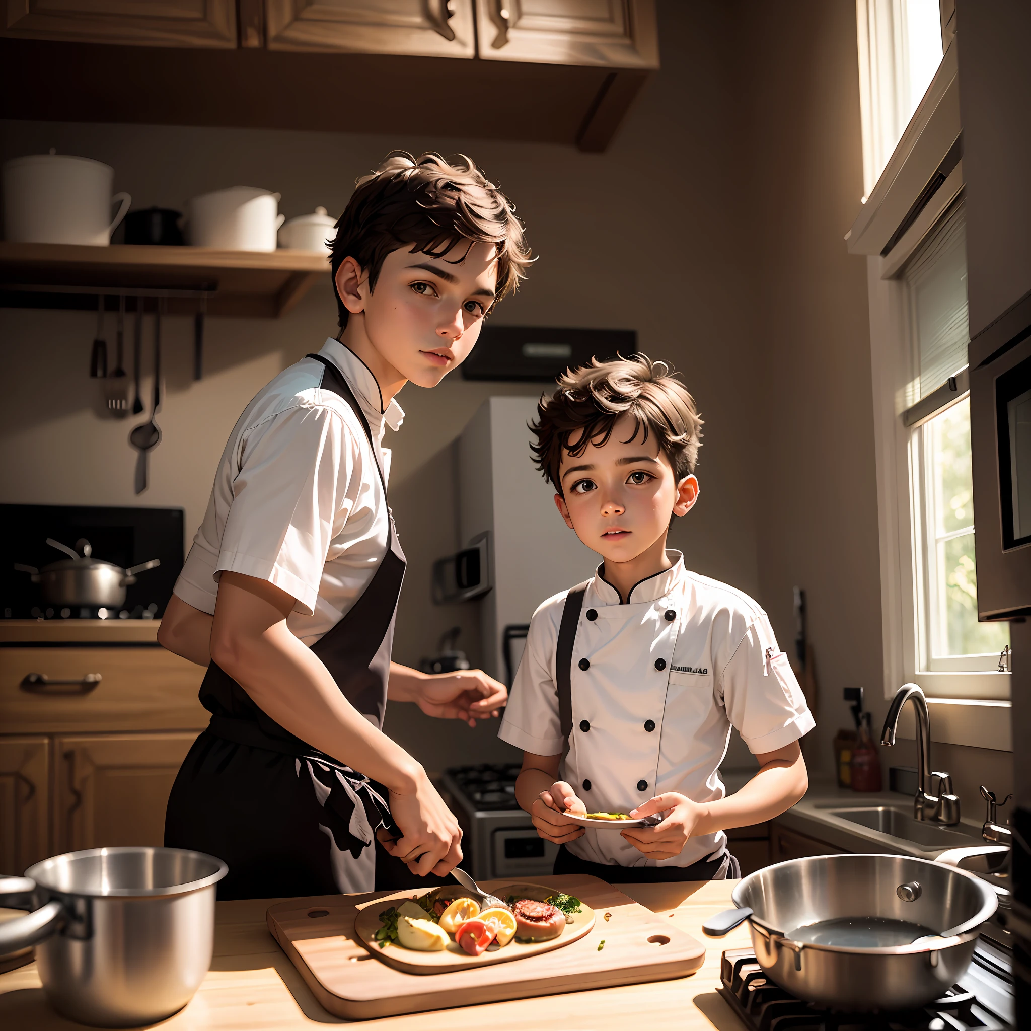 Cozinha antiga, cozinha bonita, fotografia, final da tarde, kitchen counter, stove, microondas, wooden board, Vivizinho, fantasiado de cozinheiro, meninos, menino fantade chef, late afternoon lighting --auto