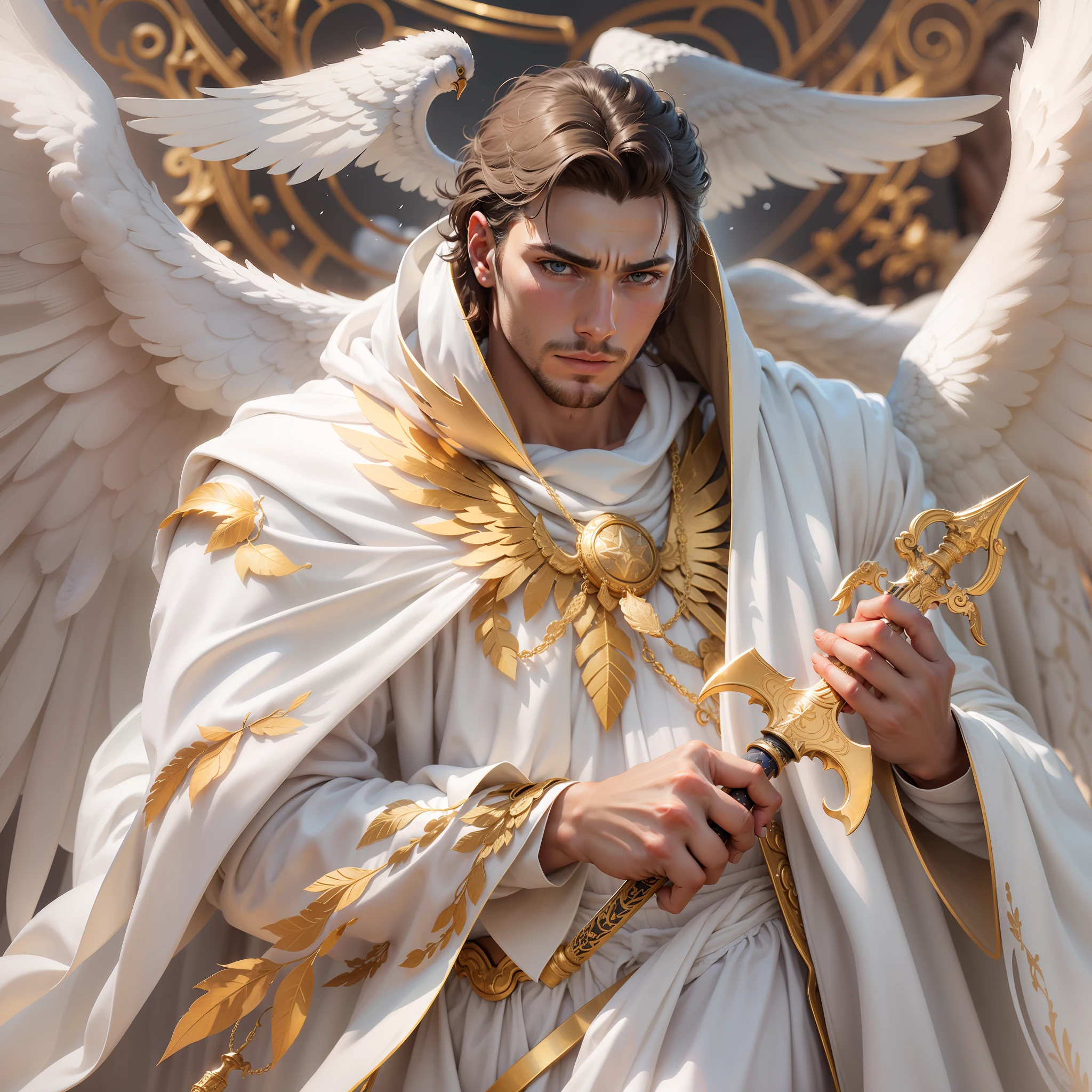 um anjo masculino, voando em vestes brancas com partes douradas, seu rosto brilha, asas brancas de neve, segurando uma espada do poder divino, (ultra realistic) (ultra detalhado) perfect hands, rosto perfeito, Holding a sword with divine power, great sword