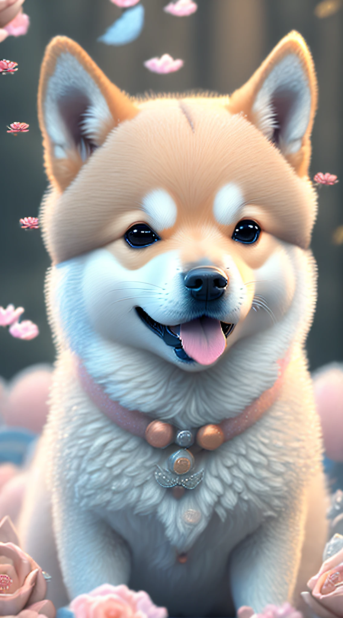 Nesta arte CG ultra-detalhada, Dog cute, Shiba Inu, surrounded by ethereal roses, risos, melhor qualidade, alta resolução, detalhes intrincados, fantasia, animais bonitos, Esquerda, humorous.