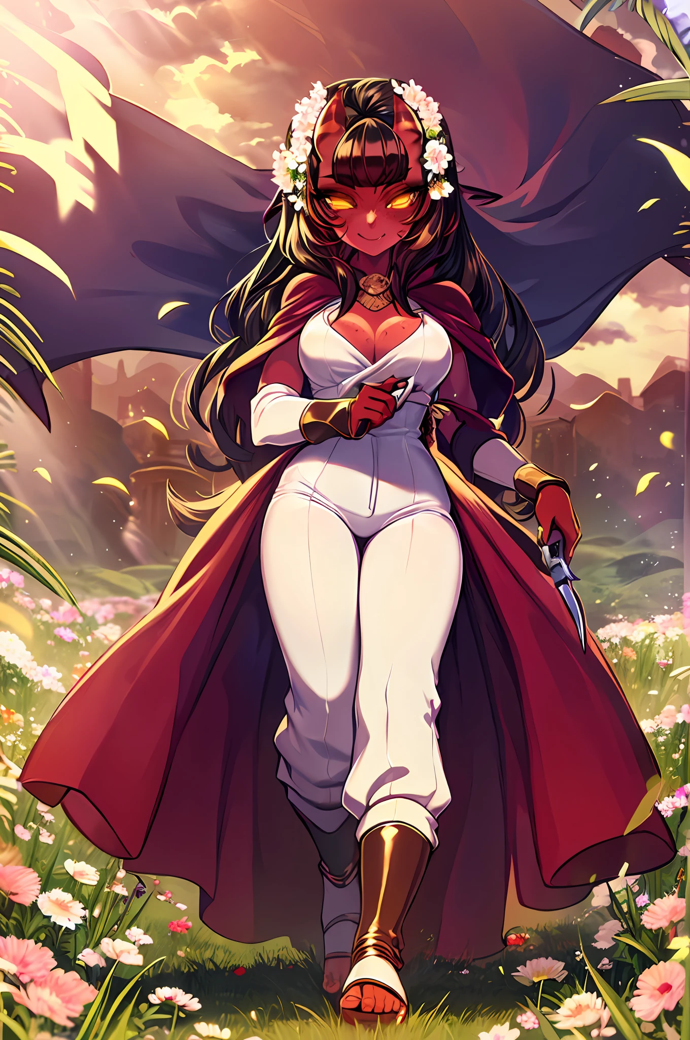 a beautiful and detailed image of meru , merunyaa,(red skin:1.3), horns,clothed,(freckles), flowing white dress,backlighting, field of flowers, holding flower, flower hair accessory, yellow eyes,smile, clouds,in front, alone, pants, medium breast,, knife holding, cloak, cape, walking, pants, solo, flip flops boots