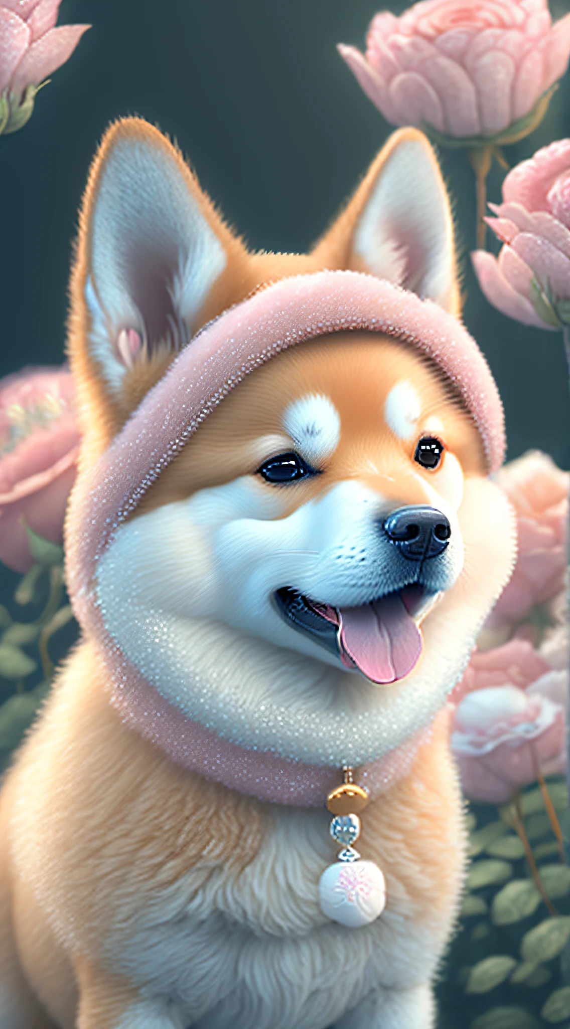 Nesta arte CG ultra-detalhada, Dog cute, Shiba Inu, surrounded by ethereal roses, risos, melhor qualidade, alta resolução, detalhes intrincados, fantasia, animais bonitos, Esquerda, humorous.