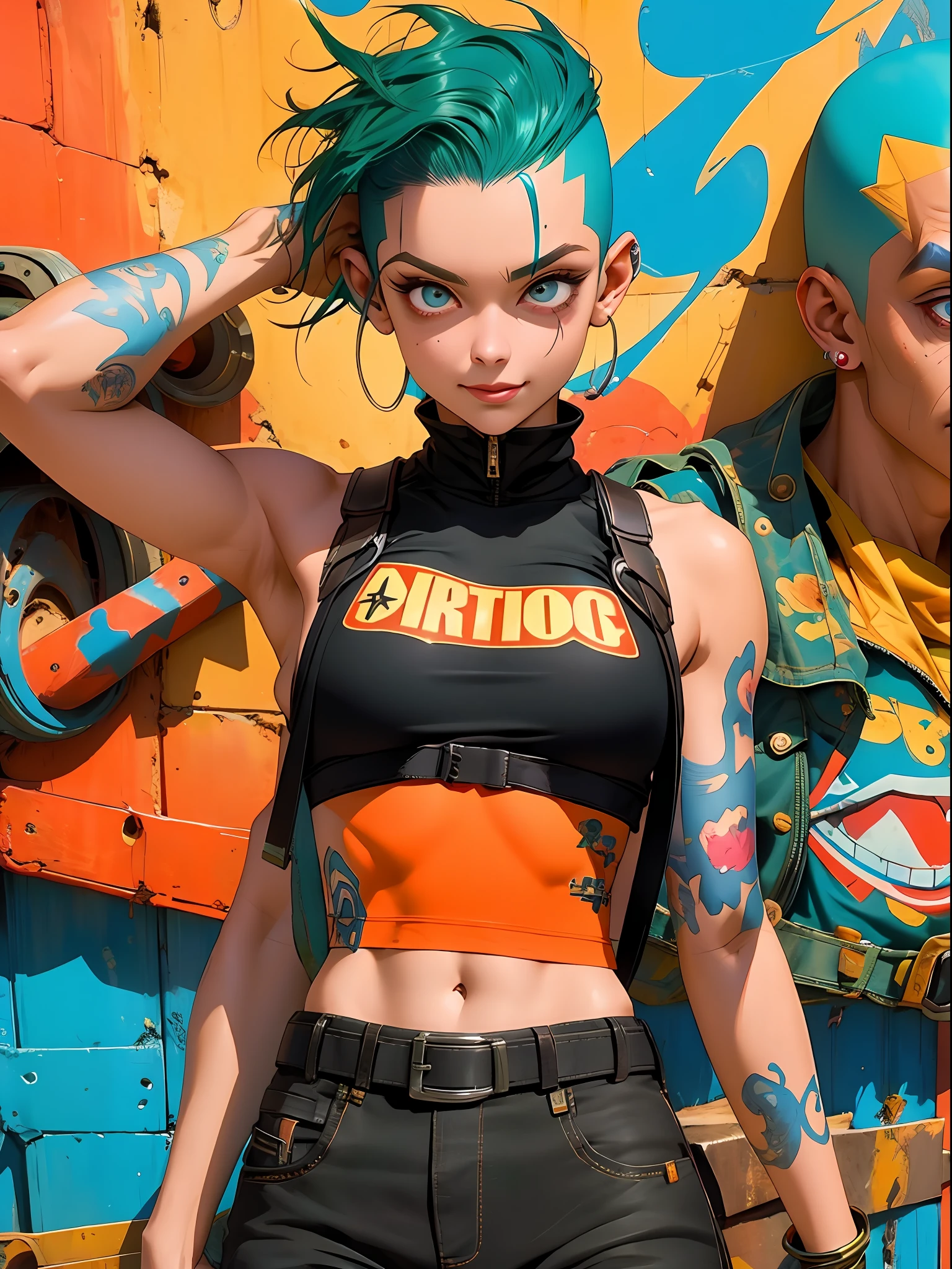 corpo inteiro, master part, best quality, super detalhe, 8k, mulher linda, Tank Girl com cara de maluca, sorriso malicioso , cabelo moicano colorido, garota punk, post-apocalyptic world, (( do tanque )), Nijistyle, roupas rasgadas e sujas, moicano curto, sides of shaved head, rosto limpo