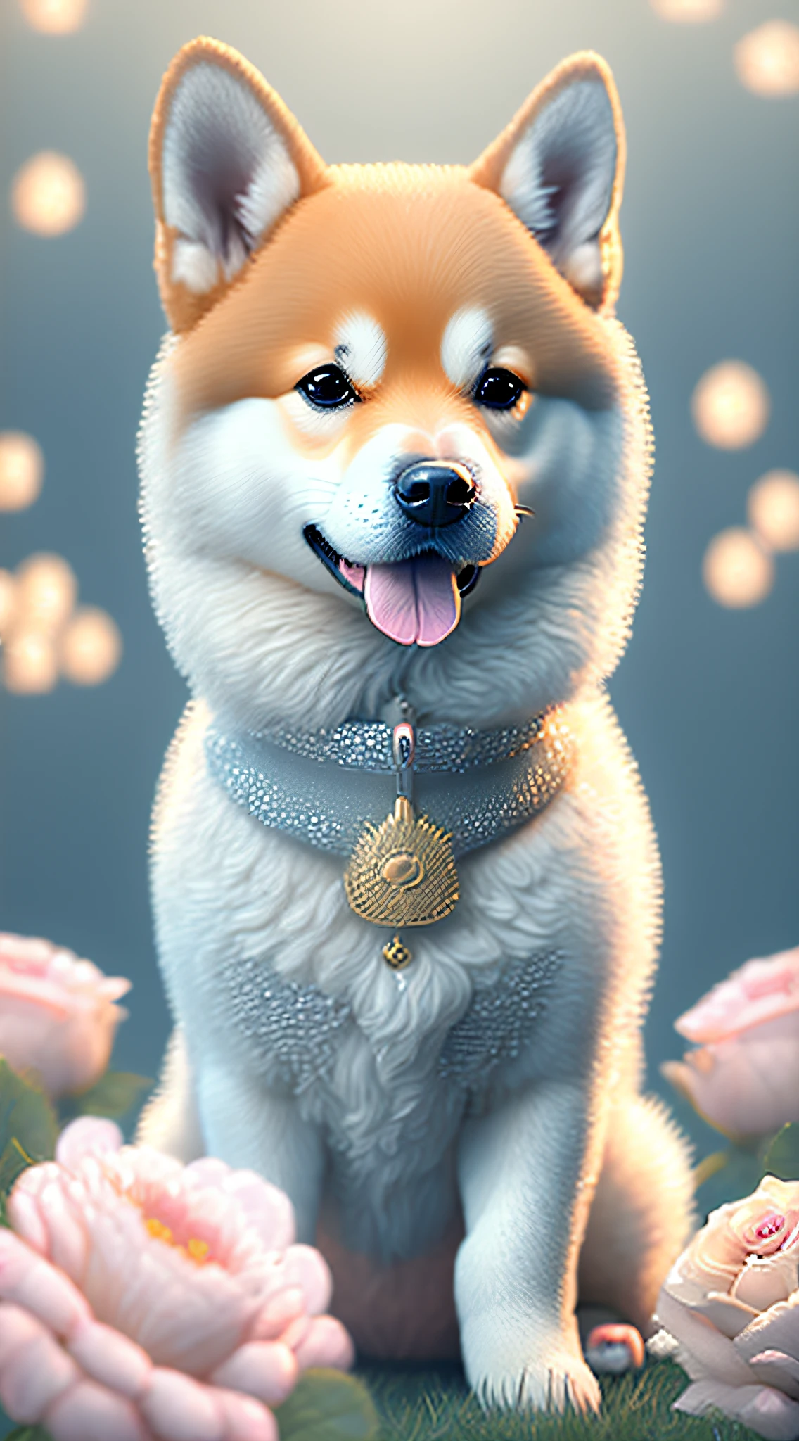 Nesta arte CG ultra-detalhada, Dog cute, Shiba Inu, surrounded by ethereal roses, risos, melhor qualidade, alta resolução, detalhes intrincados, fantasia, animais bonitos, Esquerda, humorous.