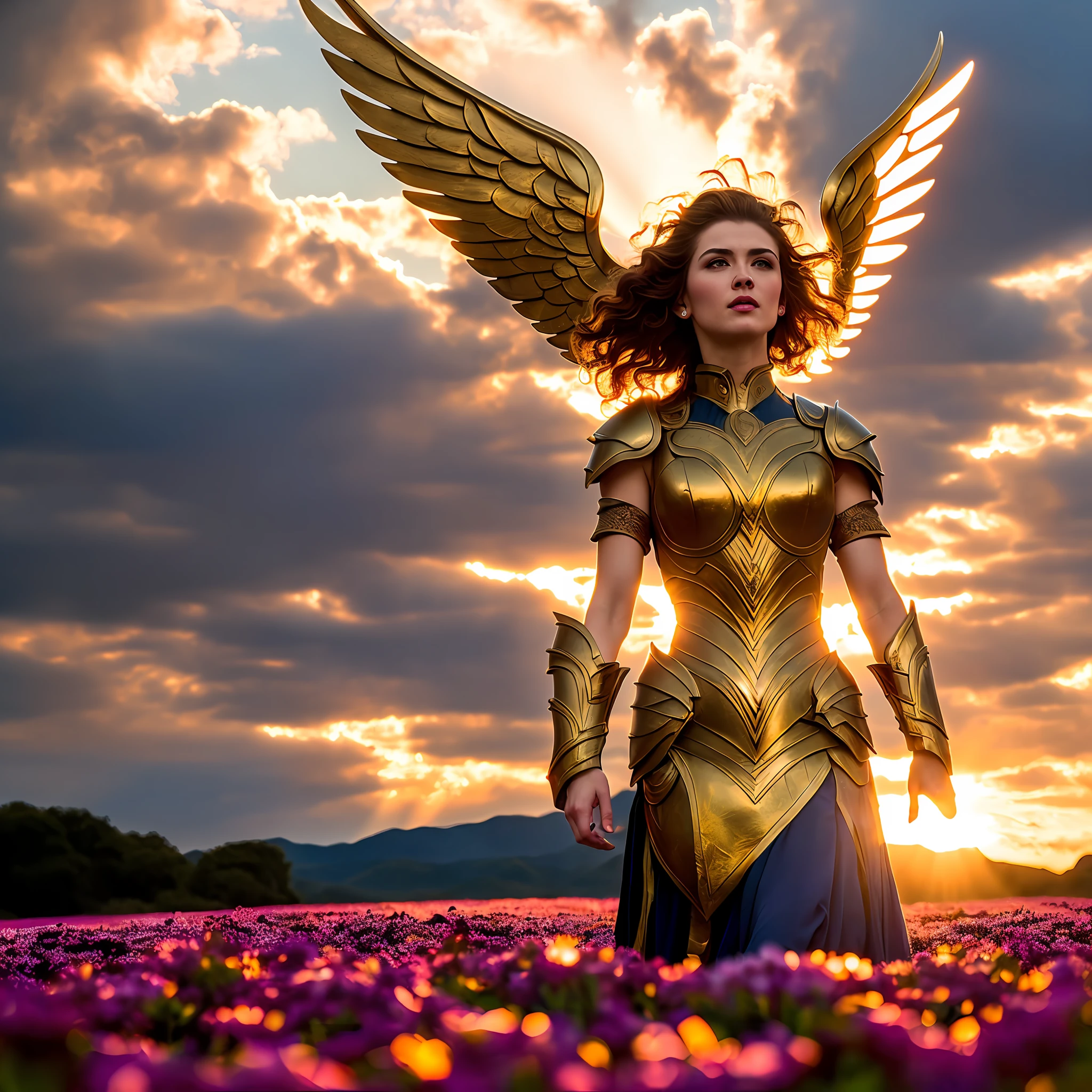((best quality)), ((masterpiece)), ((inked)), (sunset:1.2), (dynamic flying action pose:1.3), 1girl, majestic intricately detailed soft oil painting by jim lee, body portrait, low angle, a beautiful blonde blue eyed female archangel, (long blonde curls:1.2), (halo:1.2), Soft facial features, (Cara Delevigne:0.8)|(jennifer connoly:1.1), (white feathered wings:1.2), (white enamel armor with detailed golden inlay scroll work), ((sheer white silk)), (glowing gold halo:1.3), in the sky, (heavenly gold lined clouds background:1.3), professional full body shot, dramatic cinematic lighting, soft edge lighting, (bloom:1.2), photographed on a Canon EOS R5, 50mm lens, F/2.8, HDR, professional, dramatic cinematic lighting, (god rays:1.3), (backlit:1.2), hard edge lighting, warm vibrant colors, (swirling flower petals:1.3), cinematic Film still from wrath of the titans|the lord of the rings|(dogma:0.8)|(krull:0.1|the void