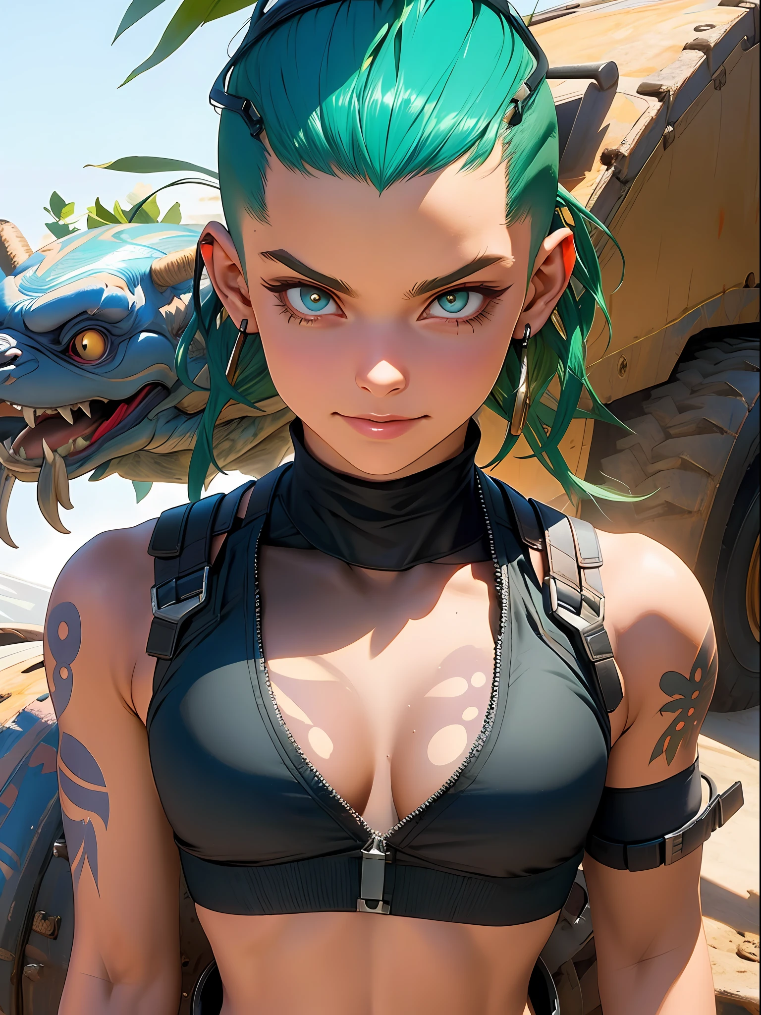 corpo inteiro, master part, best quality, super detalhe, 8k, mulher linda, Tank Girl com cara de maluca, sorriso malicioso , cabelo moicano colorido, garota punk, post-apocalyptic world, (( menina do tanque )), Nijistyle, roupas rasgadas e sujas, moicano curto, sides of shaved head, rosto limpo
