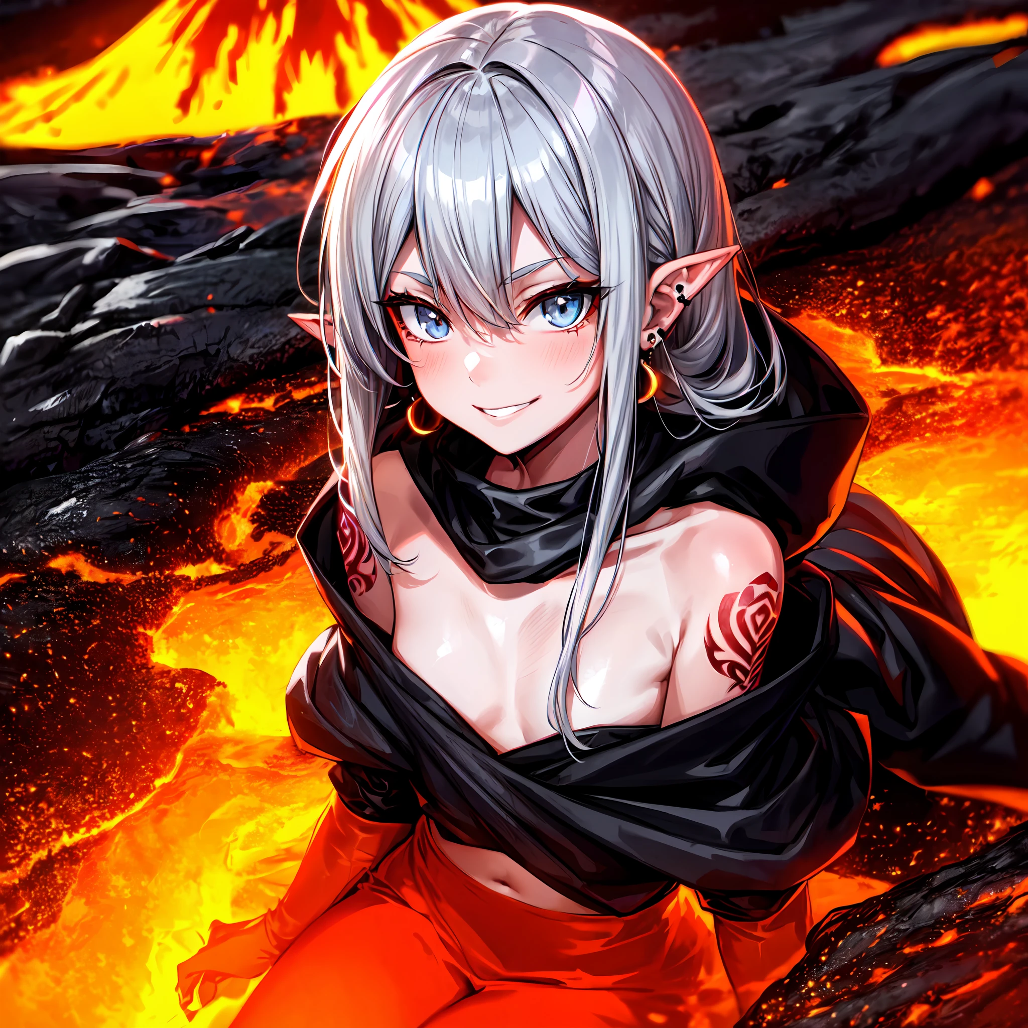 1girl,solo,(portrait:1.2),bathing,((eruption:1.2),girl in lava,lava,magma,lava splash:1.2),demon girl,smirk,pointy_ears,pierced earrings,small chest, tattoo,blue eyes,messy hair,long hair,silver hair,black cloak,hooded cloak,demon tail,shiny skin