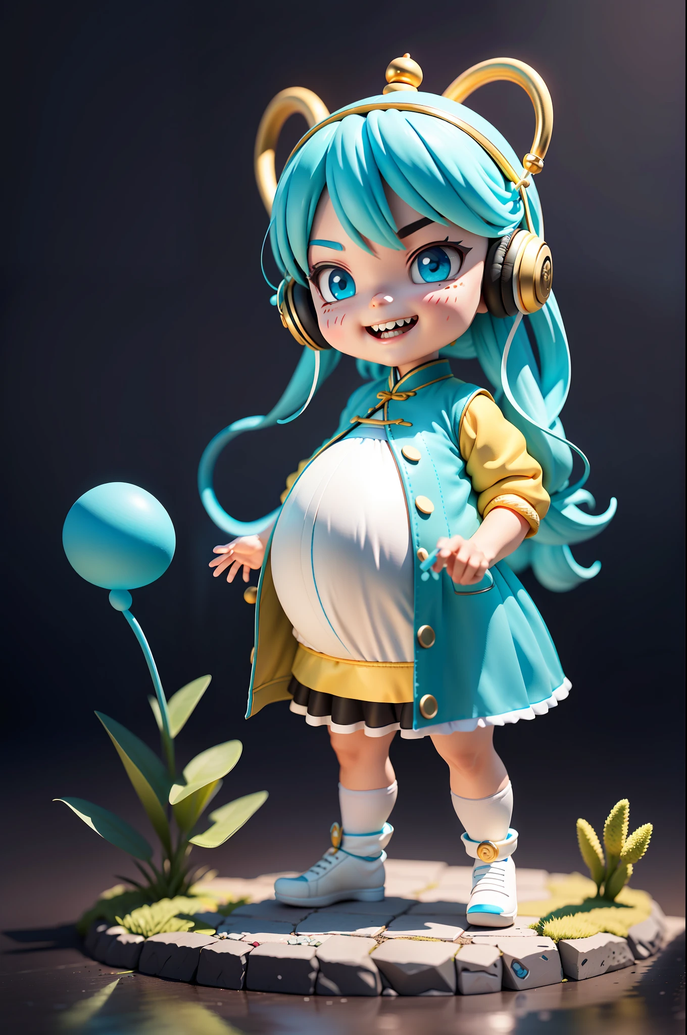 (Daisaku),(Need),(Super meticulous),(full bodyesbian:1.2),(soio),cyan theme,Dragon Loli Magician,Exquisite Chinese faucet,Dragon's horn,Dragon whiskers,adolable,Open-mouthed,grin,Earphone,dragon scale,,Pregnant loli,Pregnant woman with golden hoop rod,Popmart blind box,Clay texture,Treading on the ground,Black and white background,natural lightting,Best quality at best,Hyper-detailing,arte 3D,C4D, OC renderer, a 3D render, 8K