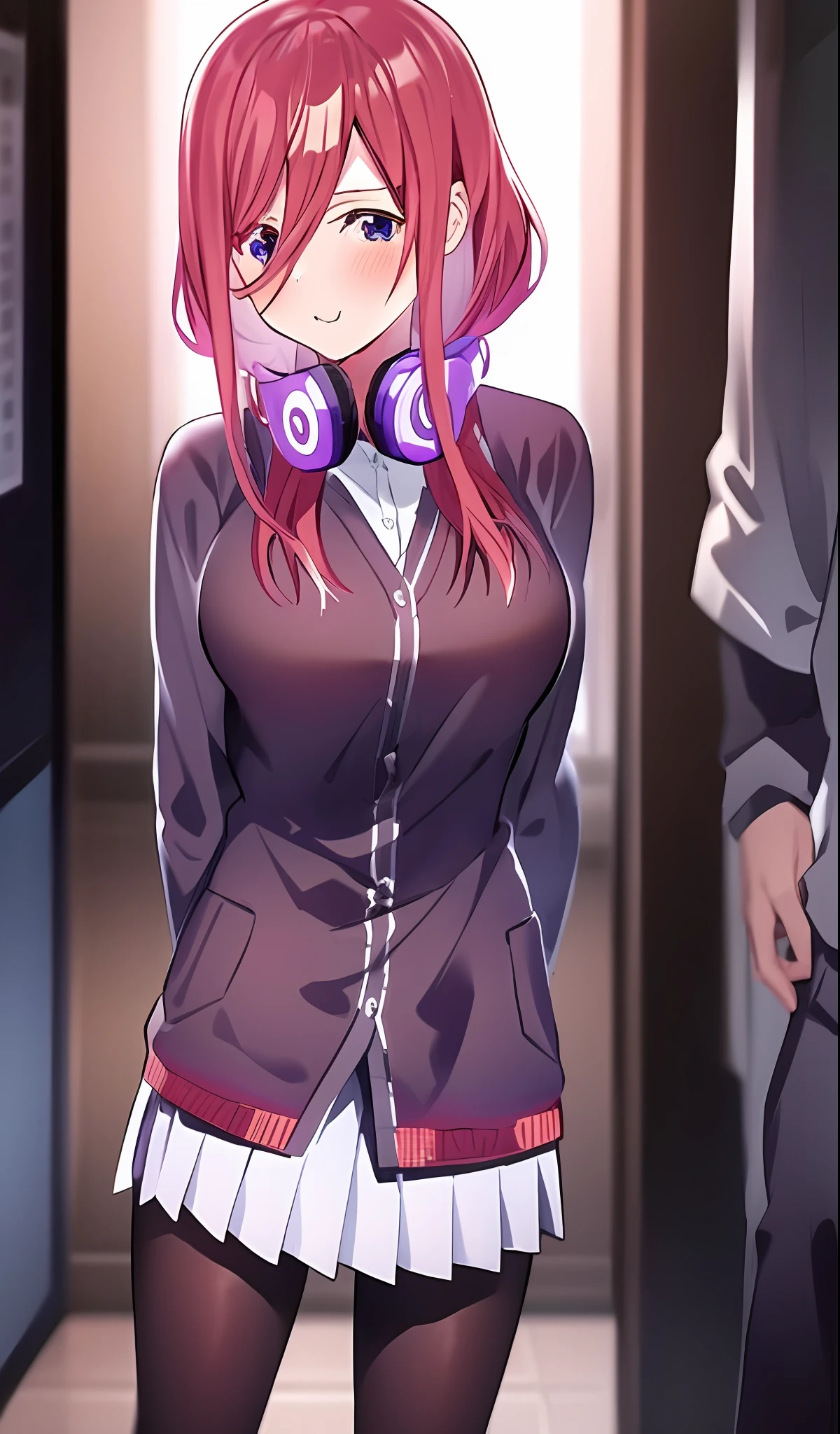 Anime girl with headphones standing in a room with other people, menina bonita do anime high school, visual anime de uma menina bonito, imagem de anime sankakucomplex, Menina do anime chamada Lucy, terno asuka sob a roupa!, Pin no anime, ela tem cabelos ruivos, em um anime, "Menina Anime, imagem de anime shuushuu, com fones de ouvido, Nagatoro