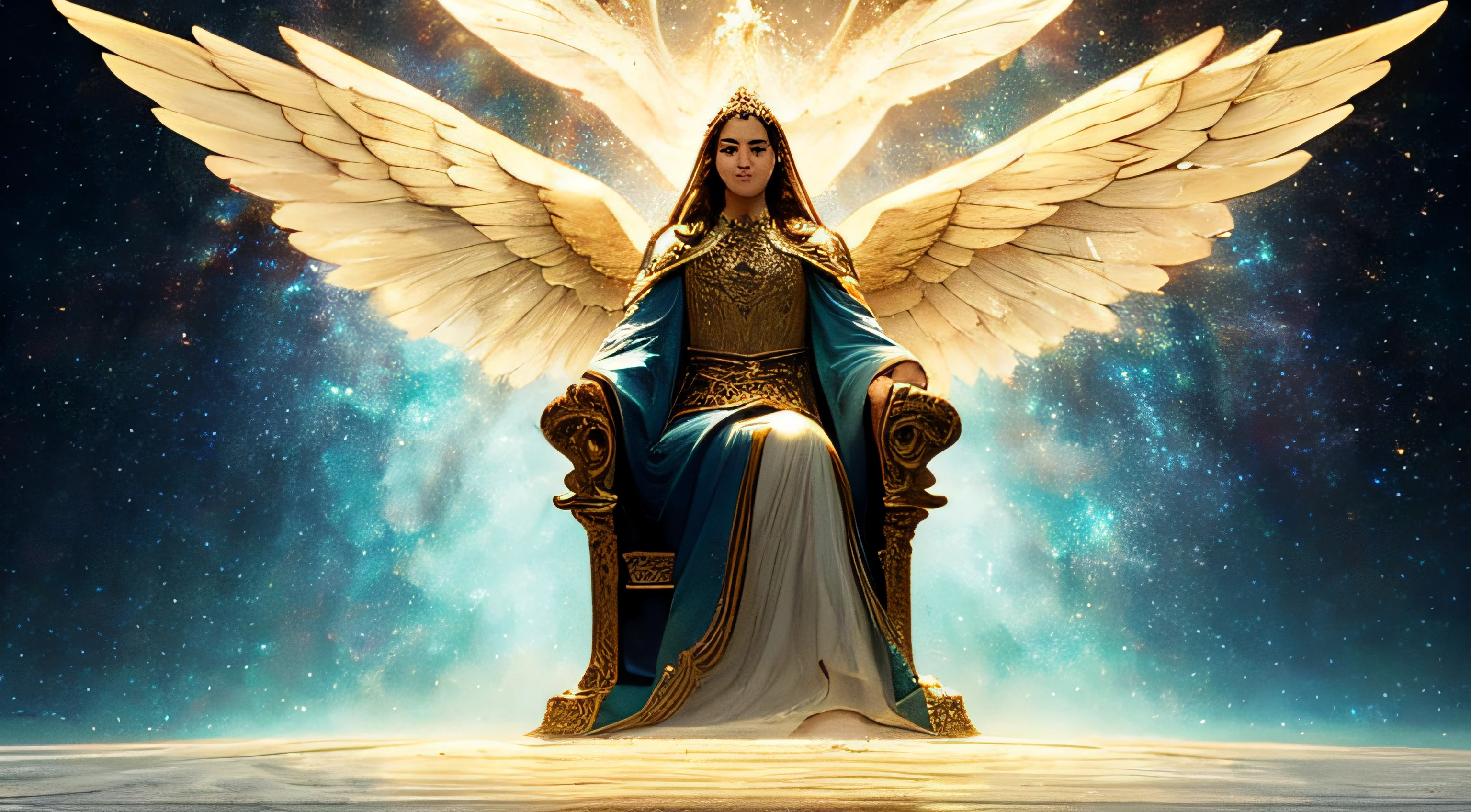 super high res, melhor qualidade, foto, 16k, (fotorrealista: 1.2), cinematic lighthing, An angel in the form of a mythical god. Retrate o deus protegendo seu povo, envolto por uma aura radiante. Seat them on a magnificent throne within a cosmic backdrop, em mantos brancos brilhantes e flutuantes no trono de cristal, flutuando sobre nuvens de cristal, cercado pelos esplendores do universo. Pay meticulous attention to stunning details and achieve a resolution of 64K for an immersive and realistic visual experience. Let your work capture the essence of myth and wonder, deixando os espectadores maravilhados com sua beleza e poder. --auto
