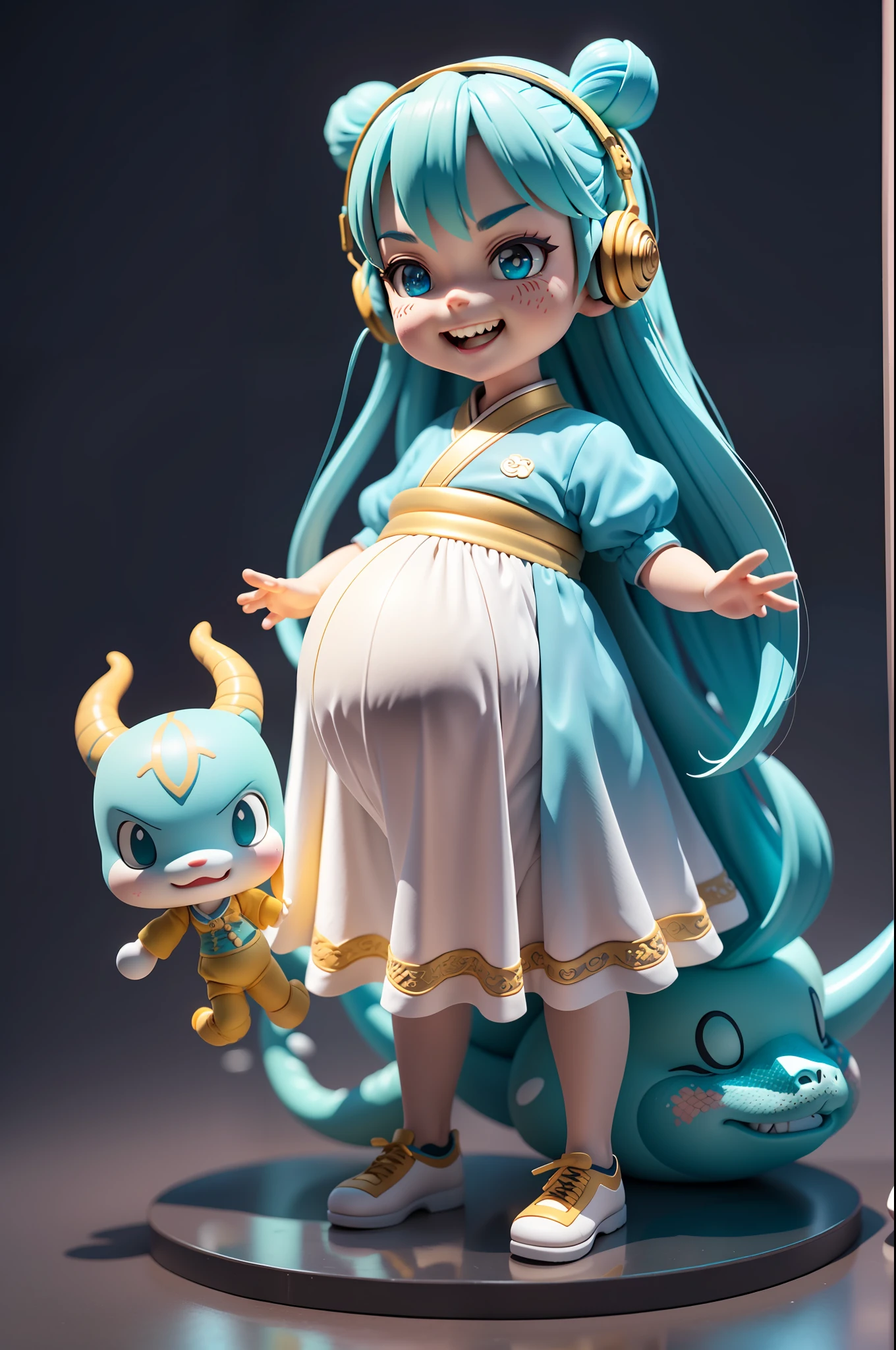 (Daisaku),(Need),(Super meticulous),(full bodyesbian:1.2),(soio),cyan theme,Dragon Loli Magician,Exquisite Chinese faucet,Dragon's horn,Dragon whiskers,adolable,Open-mouthed,grin,Earphone,dragon scale,,Pregnant loli,Pregnant woman with golden hoop rod,Popmart blind box,Clay texture,Treading on the ground,Black and white background,natural lightting,Best quality at best,Hyper-detailing,arte 3D,C4D, OC renderer, a 3D render, 8K