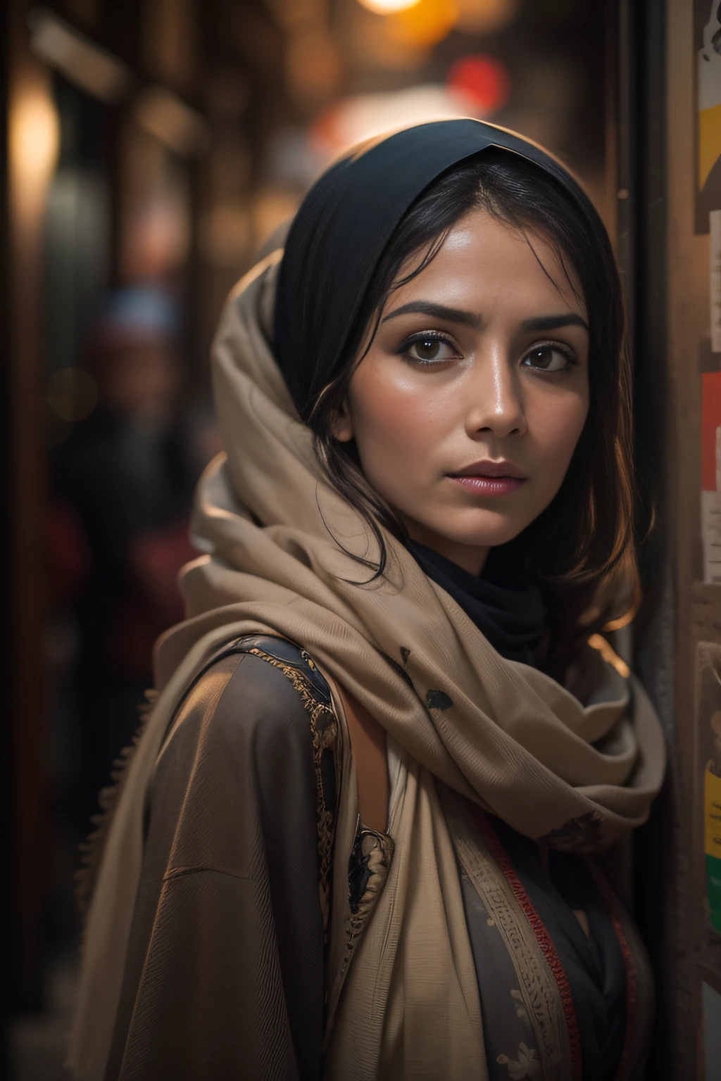 A beautiful woman,orientalisch wirkende frau,orientalisch gekleidet,Beautiful woman in the foreground,stadt weit im hintergrund,Beautiful woman looks at the camera,vor schwarzem hintergrund,blur