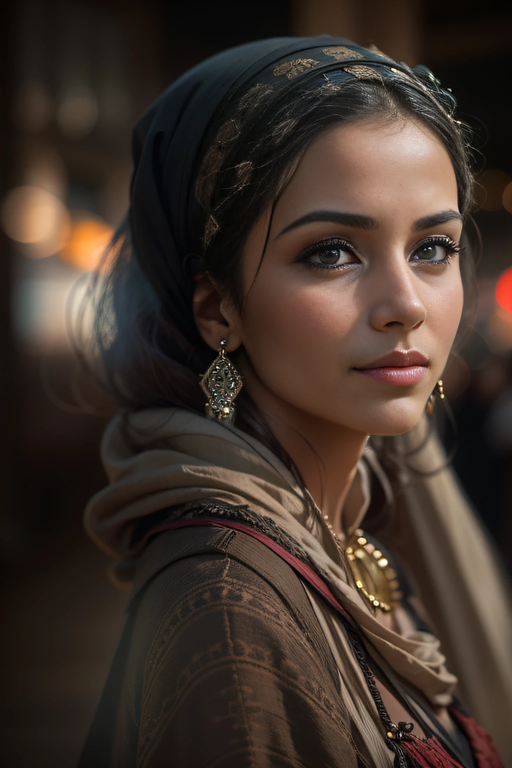 A beautiful woman,orientalisch wirkende frau,orientalisch gekleidet,Beautiful woman in the foreground,stadt weit im hintergrund,Beautiful woman looks at the camera,vor schwarzem hintergrund,blur