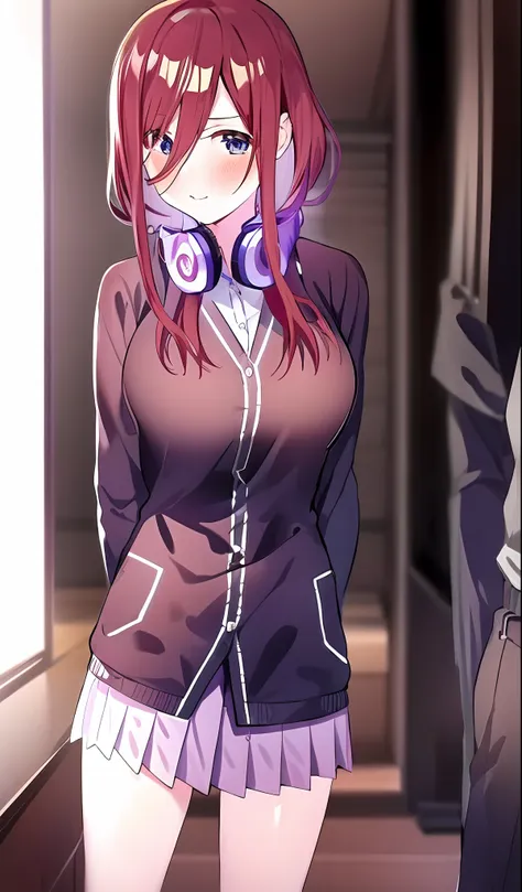 anime girl with headphones standing in a room with other people, menina bonita do anime high school, visual anime de uma menina ...