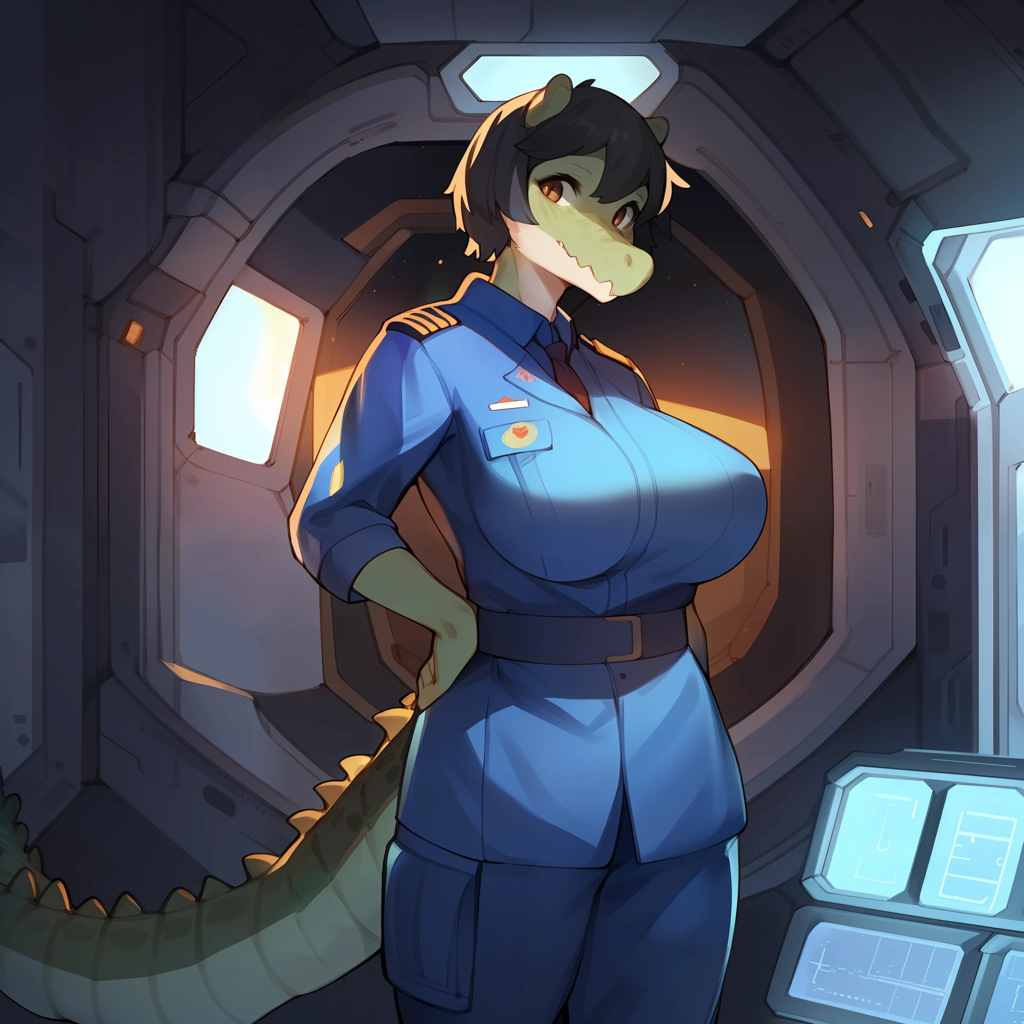 Solo, female, standing, (((blue Japanese military uniform))), big breasts, black hair, short hair, (((alligator))), brown eyes, standing at the controls of a spaceship, window, space, by bebebebebe, by spuydjeks, by spikedmauler