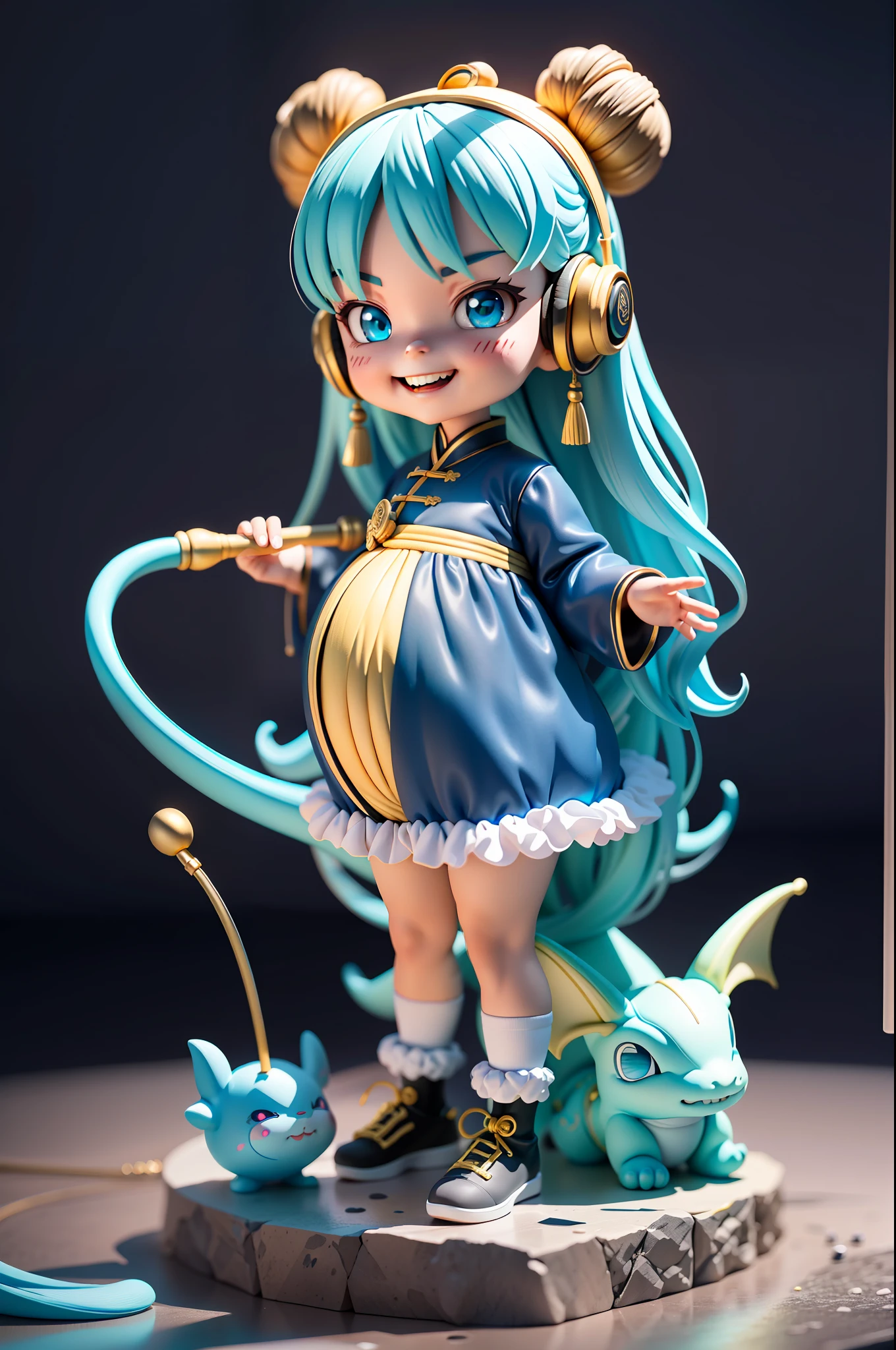 (Daisaku),(Need),(Super meticulous),(full bodyesbian:1.2),(soio),cyan theme,Dragon Loli Magician,Exquisite Chinese faucet,Dragon's horn,Dragon whiskers,adolable,Open-mouthed,grin,Earphone,dragon scale,,Pregnant loli，Pregnant woman with golden hoop rod,Popmart blind box,Clay texture,Treading on the ground,Black and white background,natural  lightting,Best quality at best,Hyper-detailing,arte 3D,C4D, OC renderer, a 3D render, 8K Wait to start
Wait for it to start