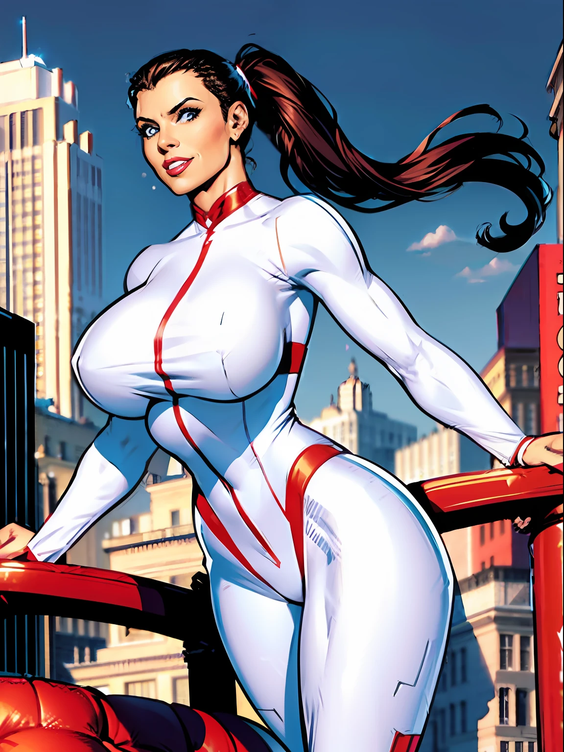 Stretcher comic book woman, happy, smiling, long hair, huge ponytail, slim, thin, athletic, womanly, rubbery, elastic woman, white and red spandex, rubber body, brunette, ((huge breasts)), city street, daytime, heroic, cheerful,