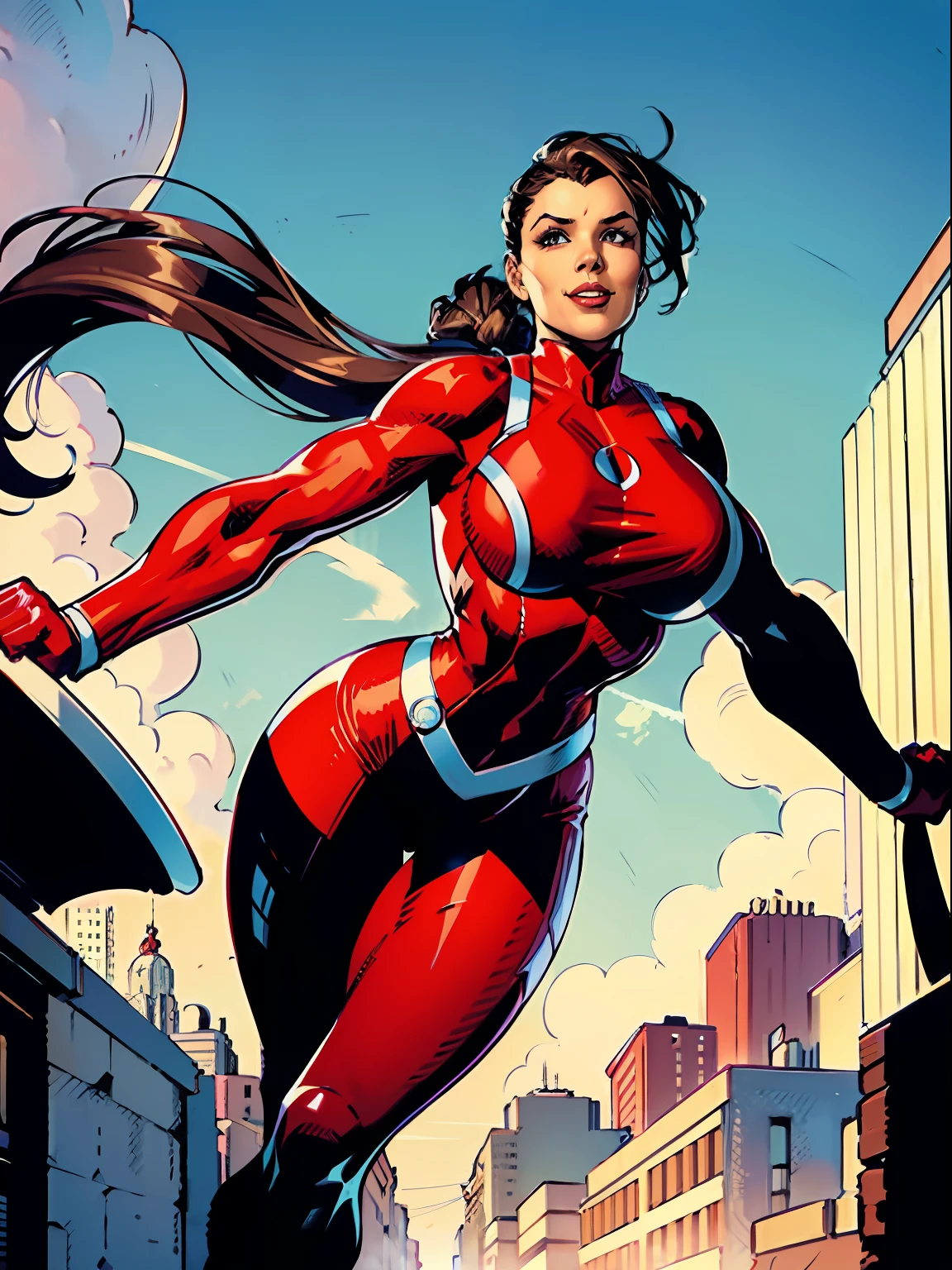 Stretcher comic book woman, happy, smiling, long hair, huge ponytail, athletic, toned, thin, womanly, rubbery, elastic woman, white and red spandex, rubber body, brunette, ((huge breasts)), city street, daytime, heroic, cheerful, boobsandwarlock